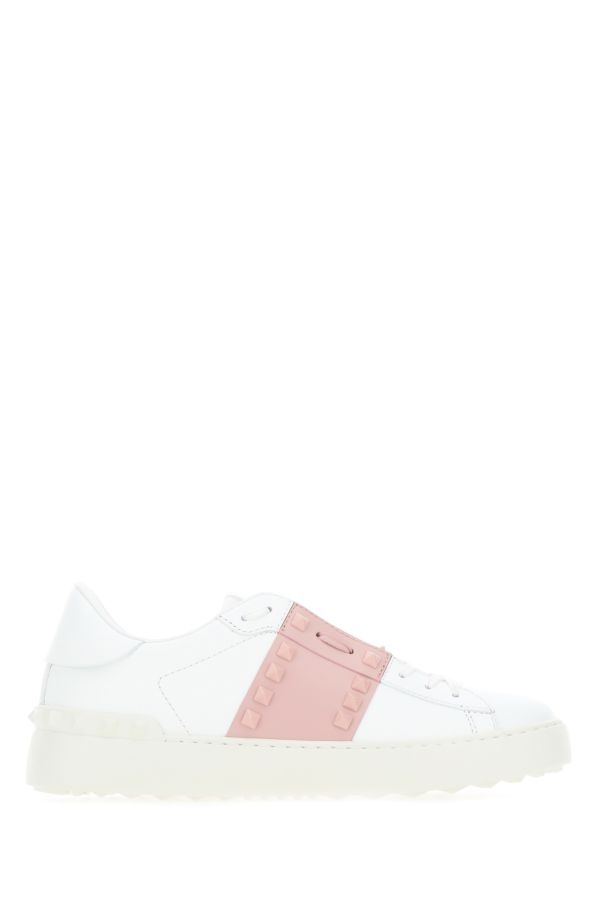 Valentino Garavani Woman White Leather Rockstud Untitled Sneakers With Powder Pink Band - 1