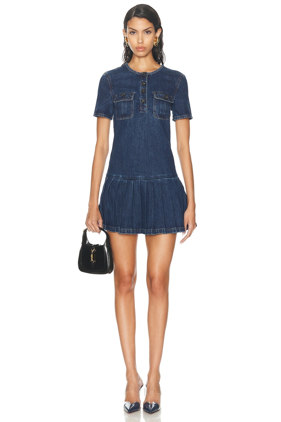 Pleated Denim Mini Dress - 1