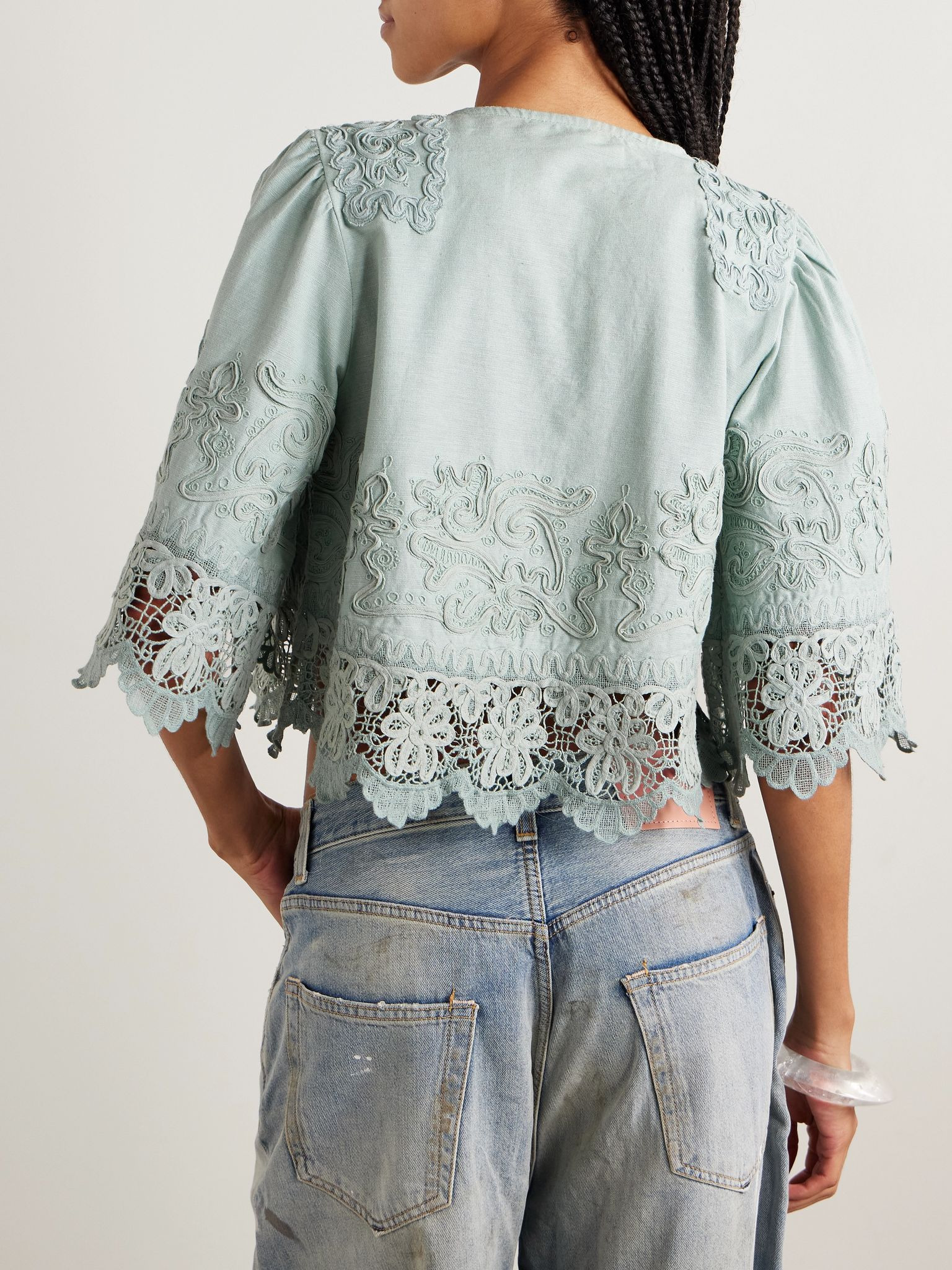 Iyla cropped embroidered broderie anglaise cotton and linen-blend top Blue - 3