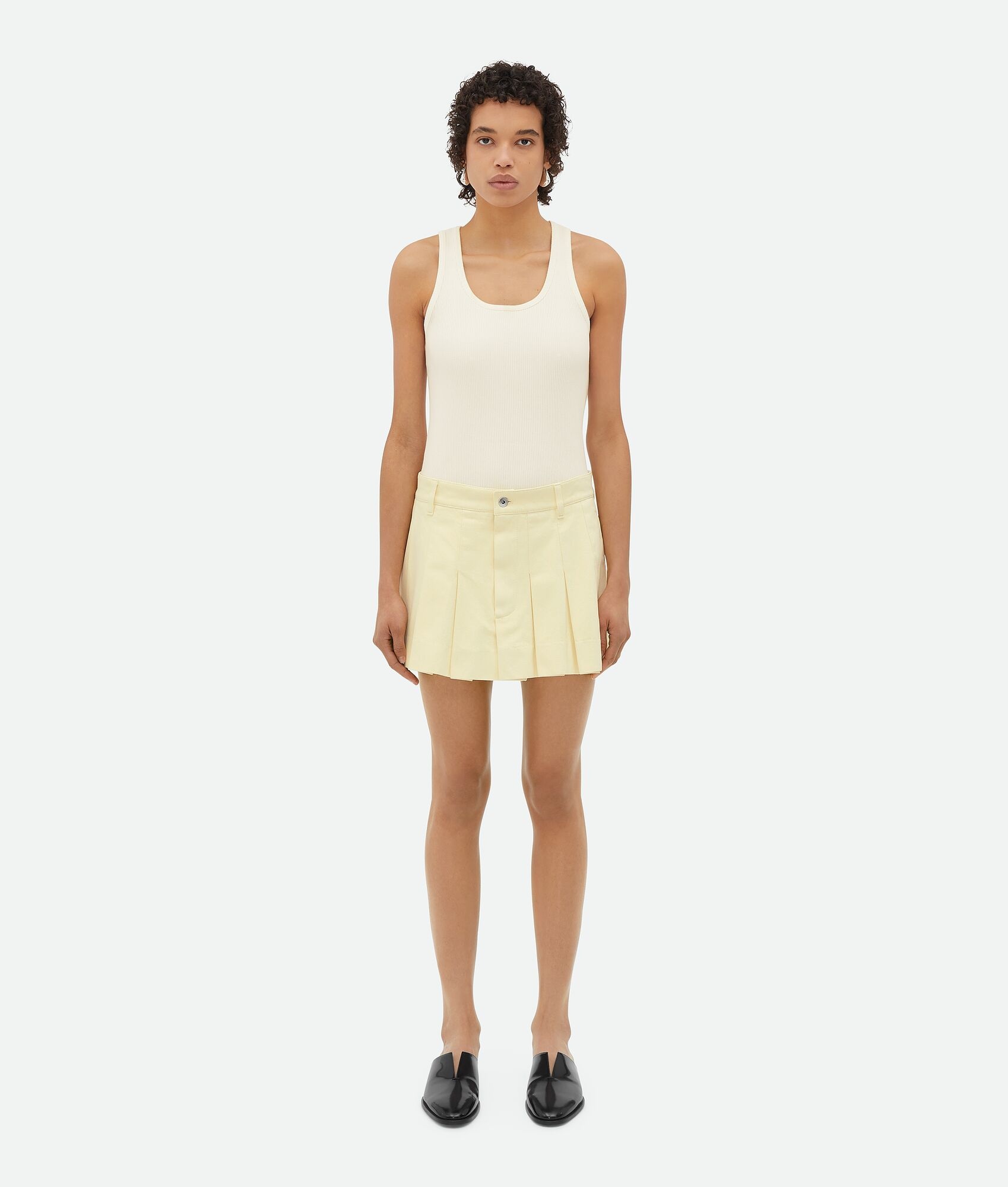 Yellow Wash Denim Pleated Mini Skirt - 1