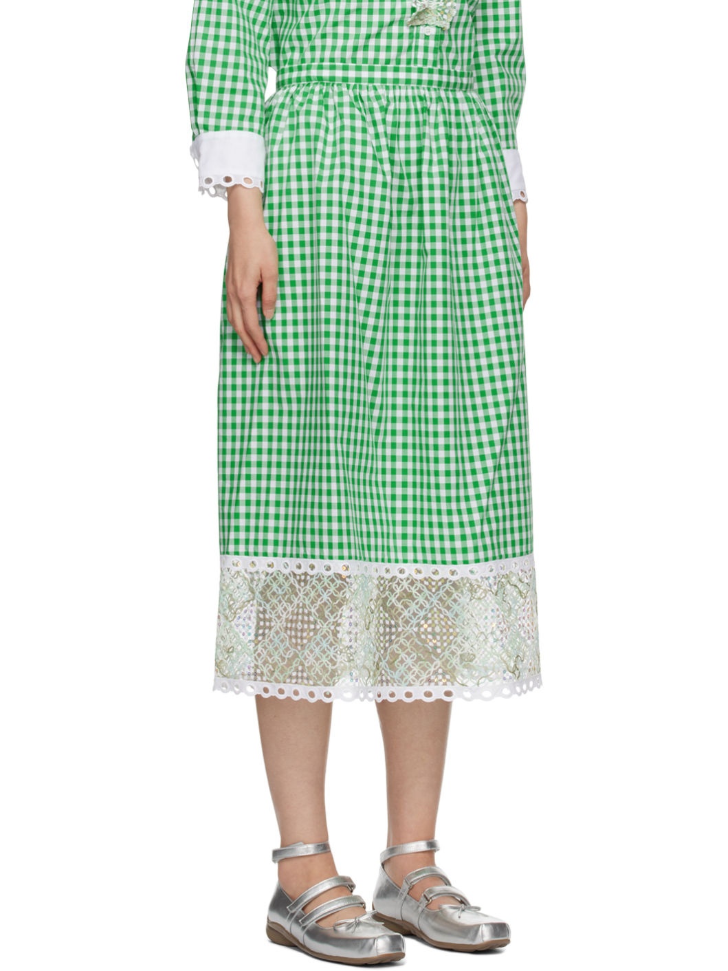 Green & White Gingham Midi Skirt - 2