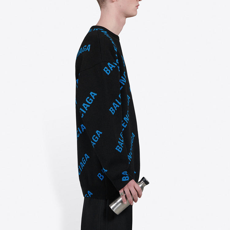 Balenciaga Allover Logo Crewneck Sweater 'Black Blue' 625970T31781165 - 4