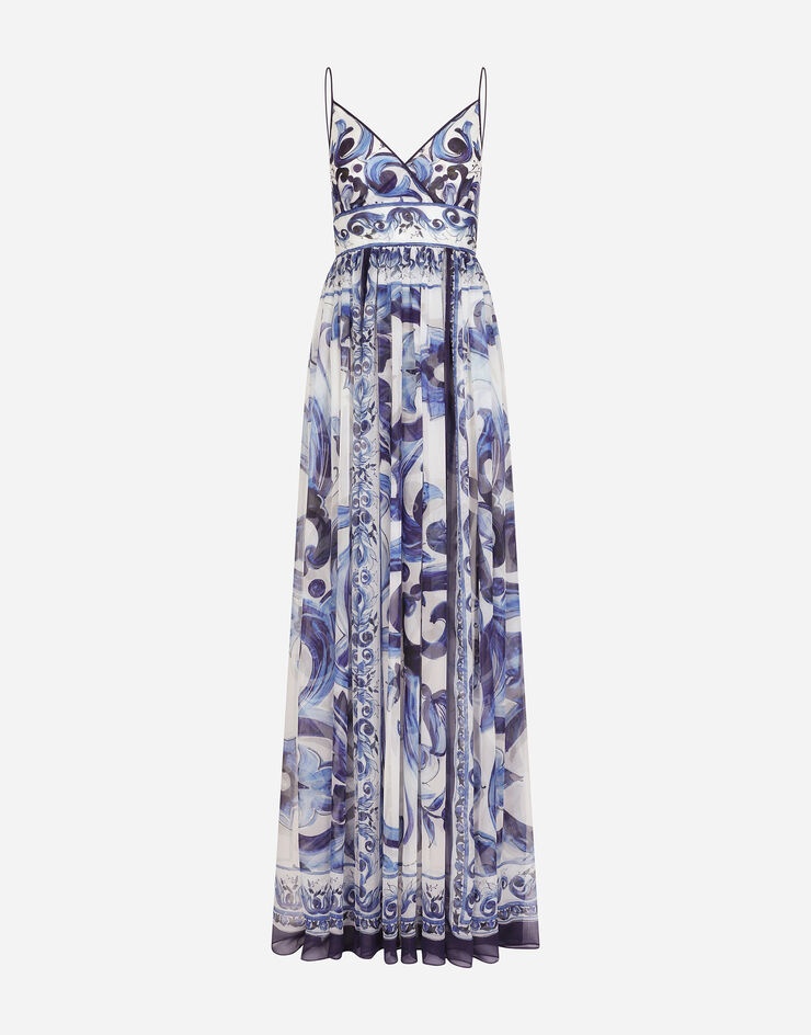 Long majolica-print chiffon dress - 1