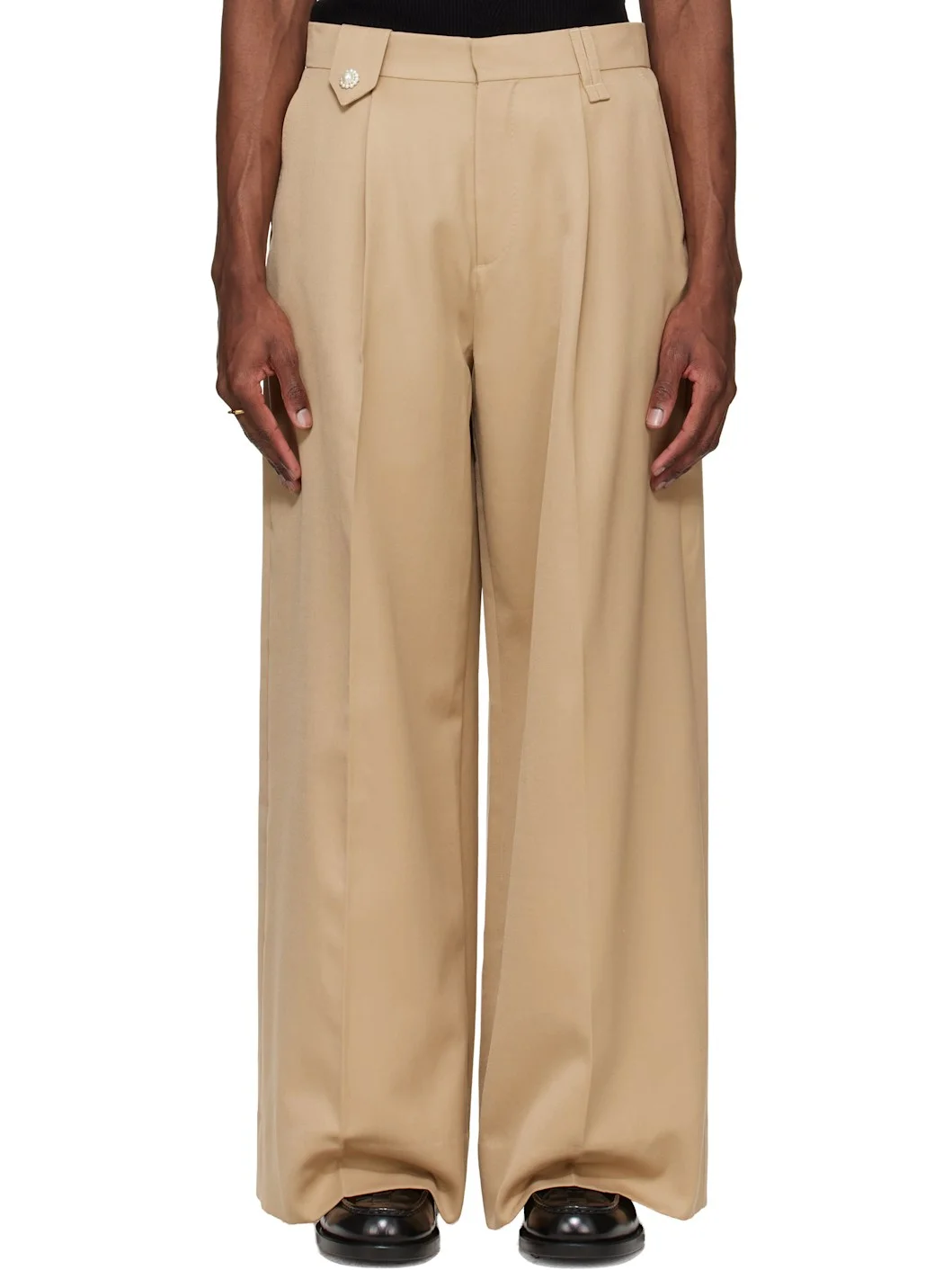 Beige Wide Leg Belt Loop Tab Trousers - 1
