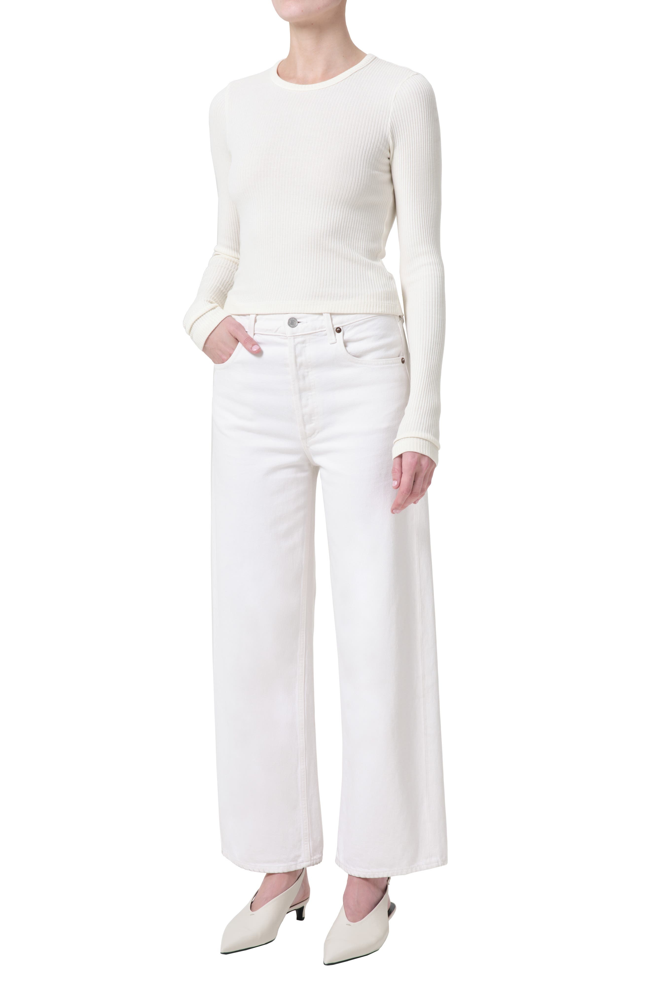 AGOLDE Alma Shrunken Long Sleeve Rib Top in Oat Milk at Nordstrom - 5