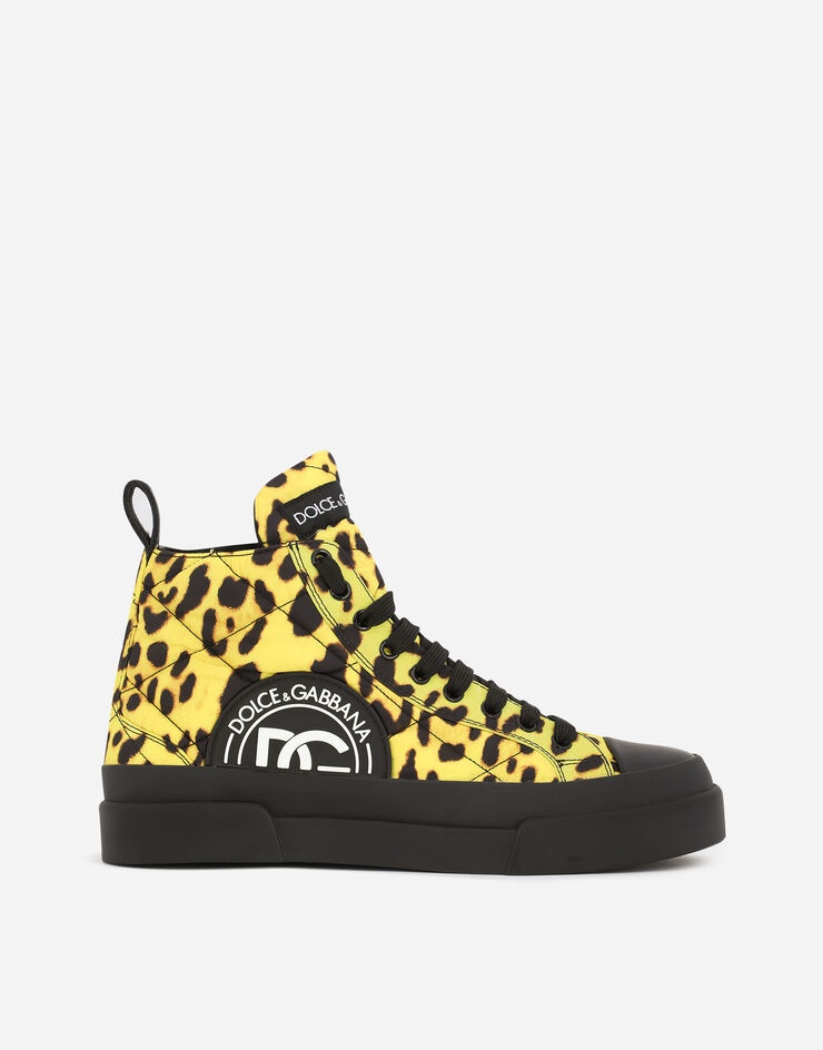 Quilted nylon Portofino Light mid-top sneakers with leopard print over yellow base - 1