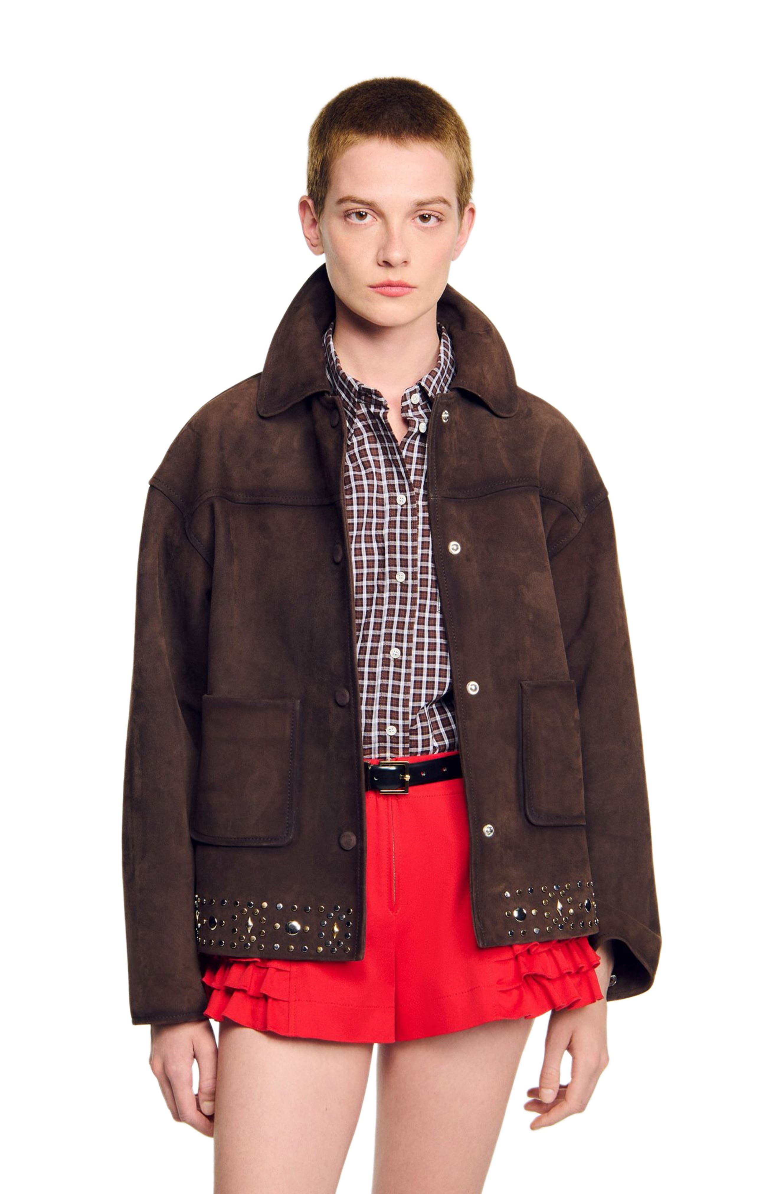 SANDRO Studded suede leather jacket in Brown at Nordstrom - 3