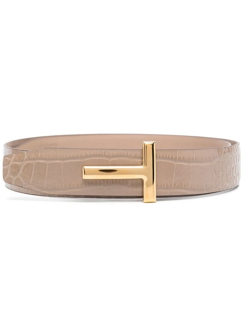 crocodile-embossed shiny leather belt - 1