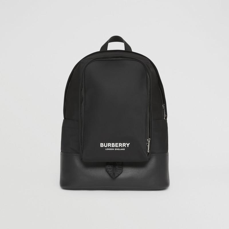 Large Logo Print Nylon and Leather Backpack 1