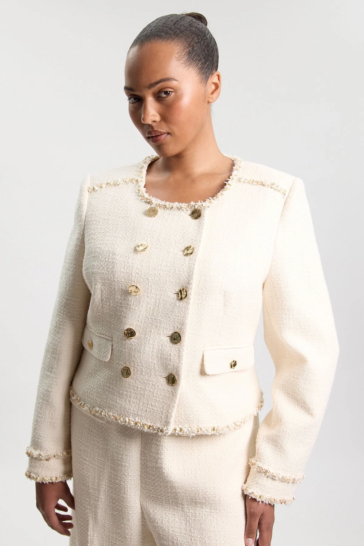 Plus Size Tweed Embellished Trim Tailored Jacket - 1