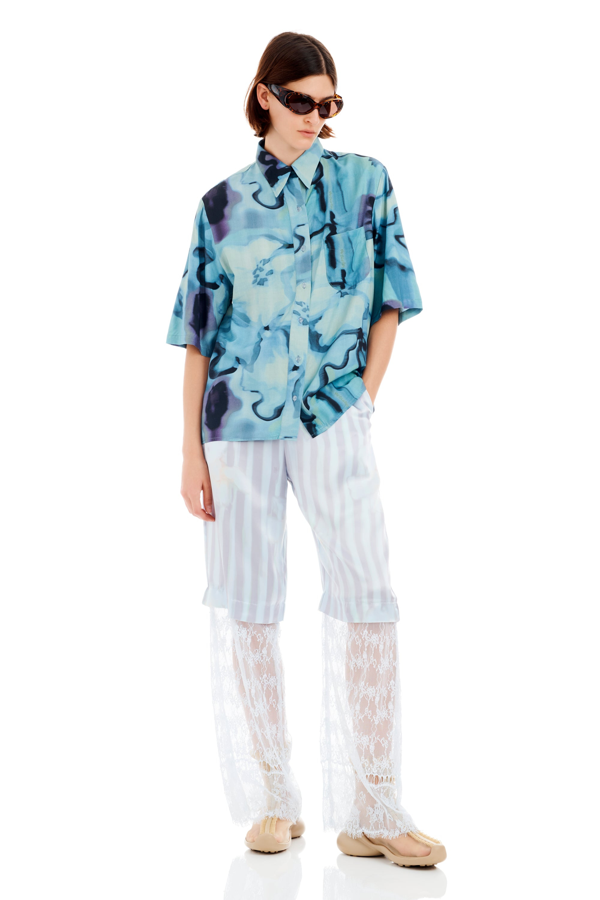 SKY WATERCOLOR FLORAL SUNNY BUTTON UP - 2