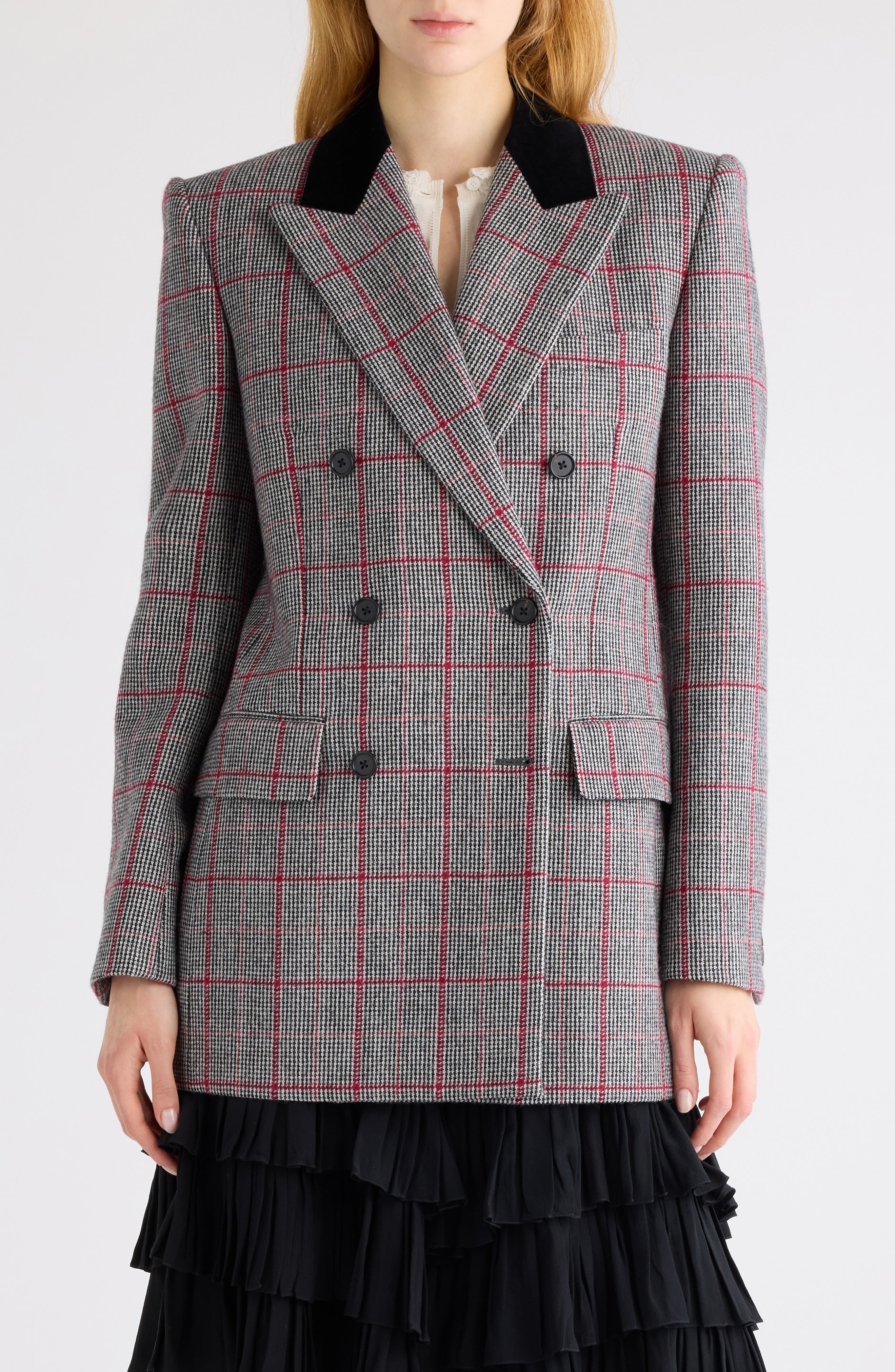Chloé Double Breasted Plaid Virgin Wool Blazer in Black/White at Nordstrom - 1