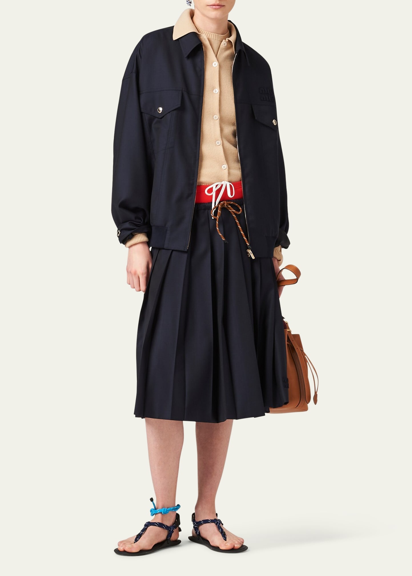 Miu Miu Pleated Drawstring Waistband Wool Skirt