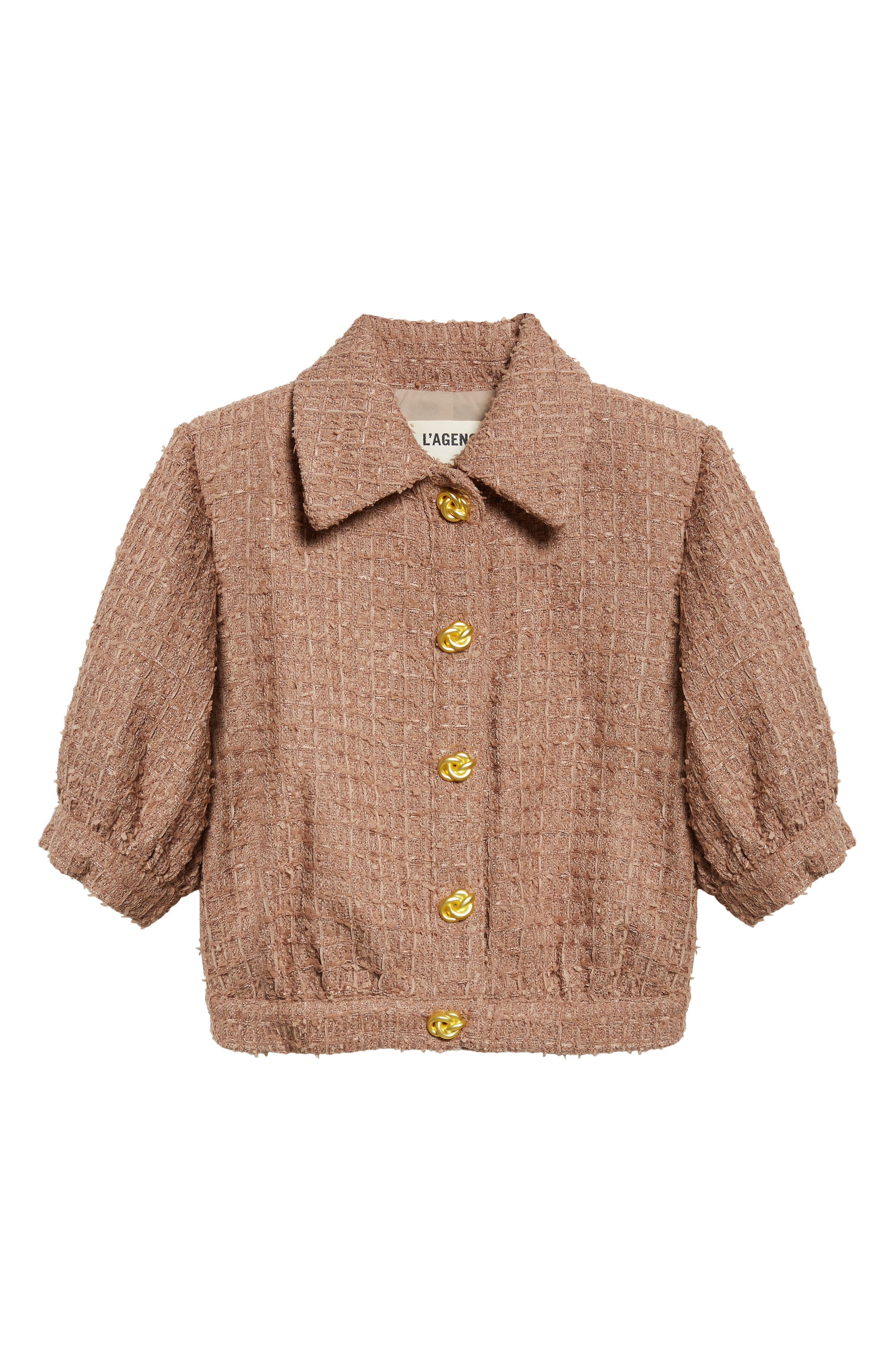 L'AGENCE Cove Tweed Elbow Sleeve Crop Jacket in Cappuccino at Nordstrom - 7