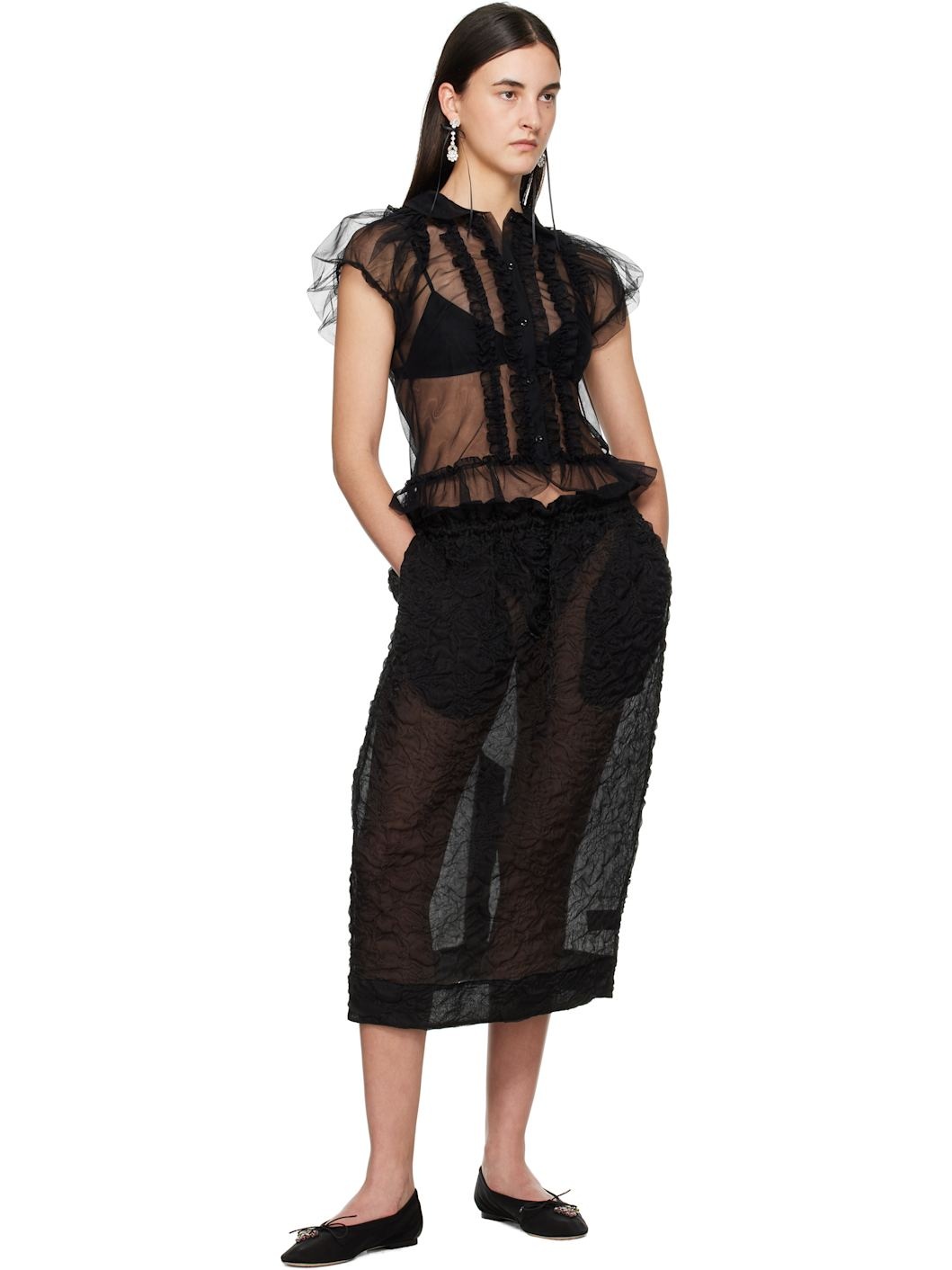 Black Sheer Puff Sleeve Multi Ruffle Frill Shirt - 4