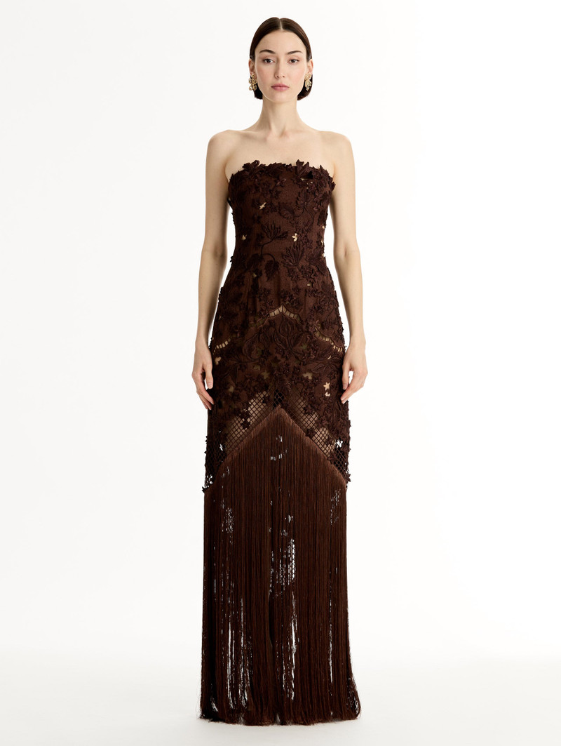 Oscar de la Renta PORCELAIN FLOWER LATTICE FRINGE GOWN outlook