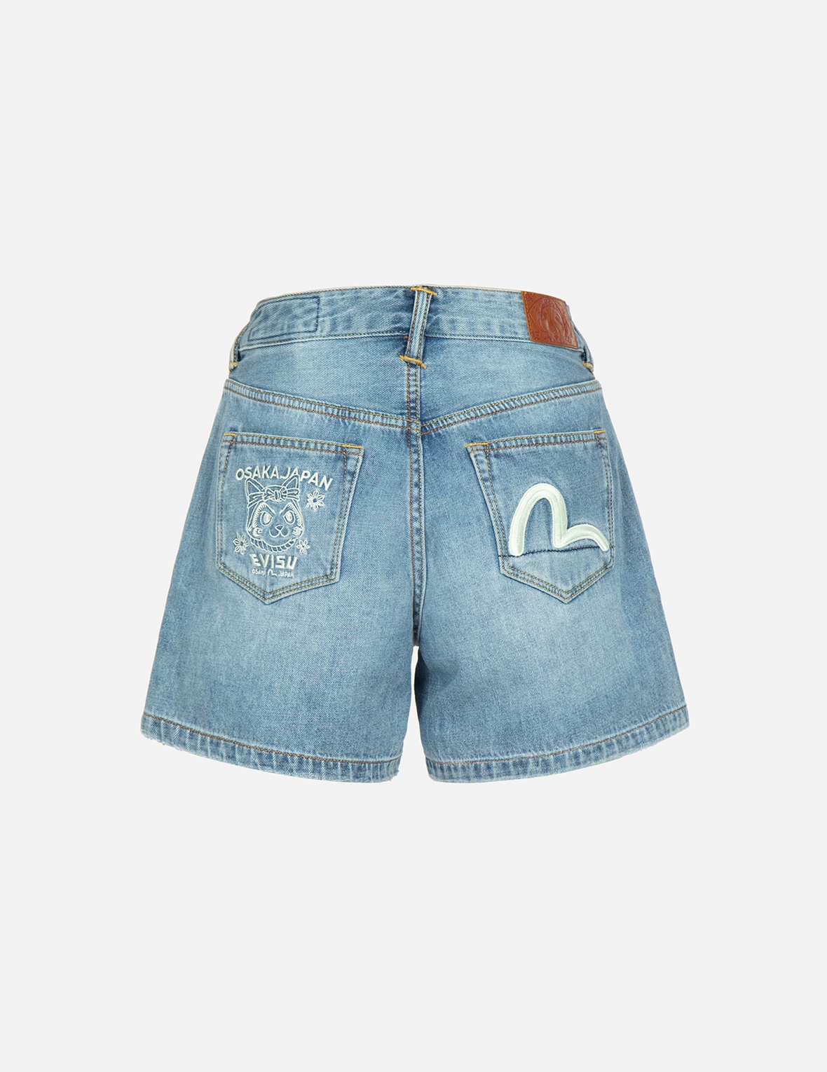 LUCKY CAT AND SEAGULL EMBROIDERY DENIM SHORTS - 1