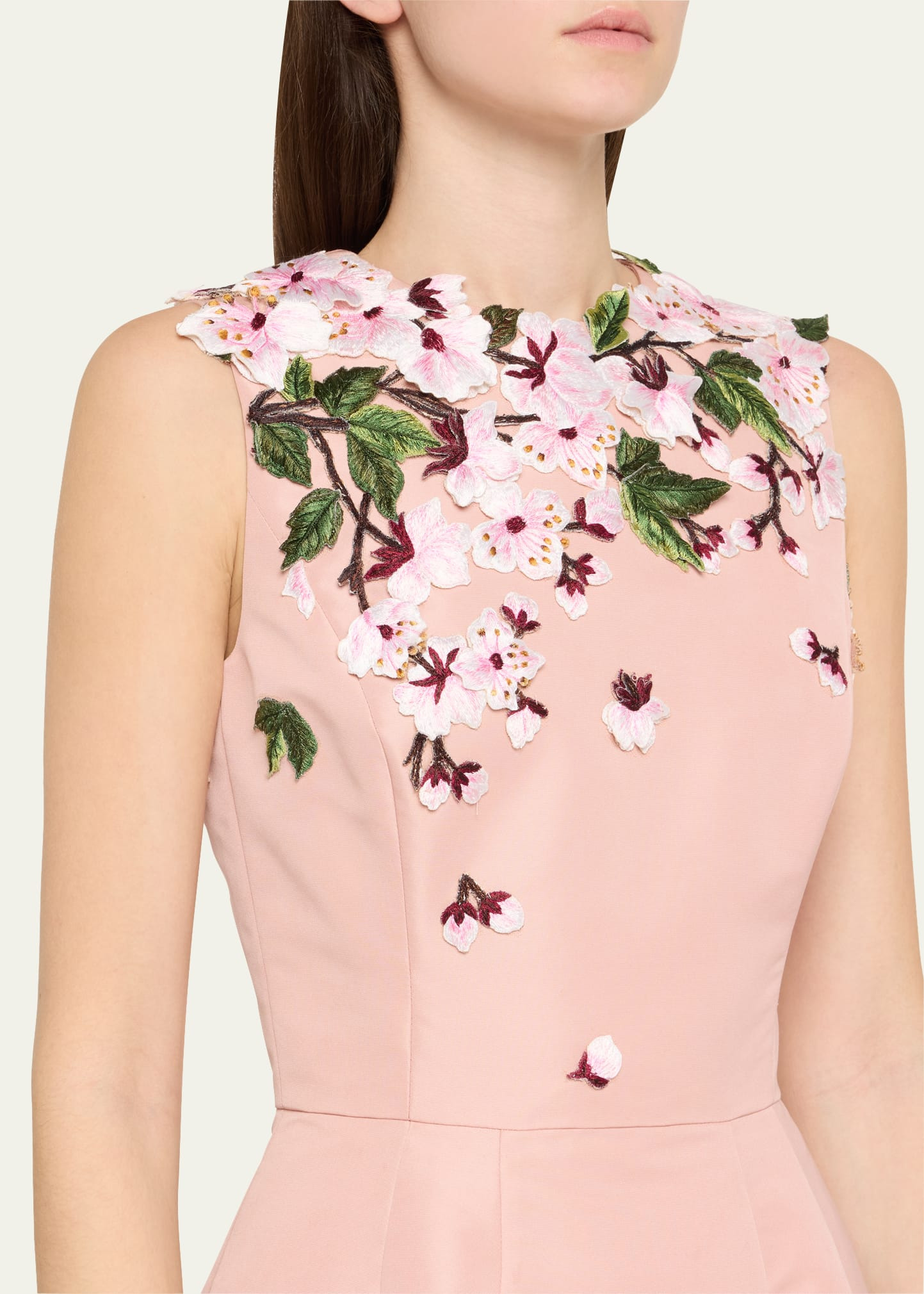 Cherry Blossom Embroidered Faille Sleeveless Cocktail Dress - 5