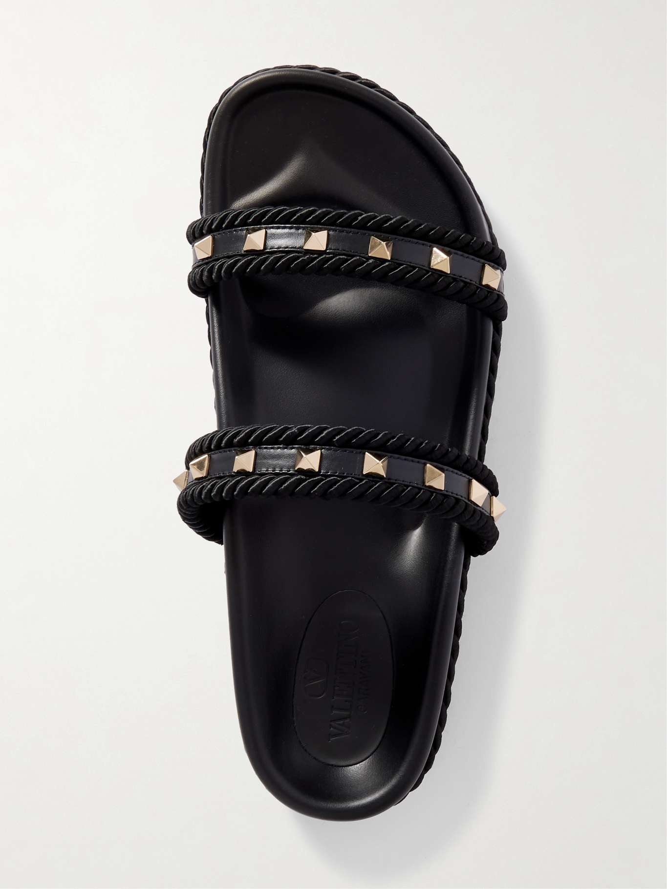 Rockstud rope-trimmed studded leather slides Black - 5