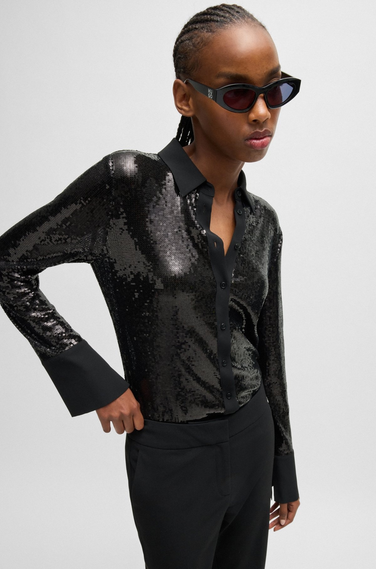 SLIM-FIT SHIRT IN SEQUINNED MESH WITH POINT COLLAR - 6