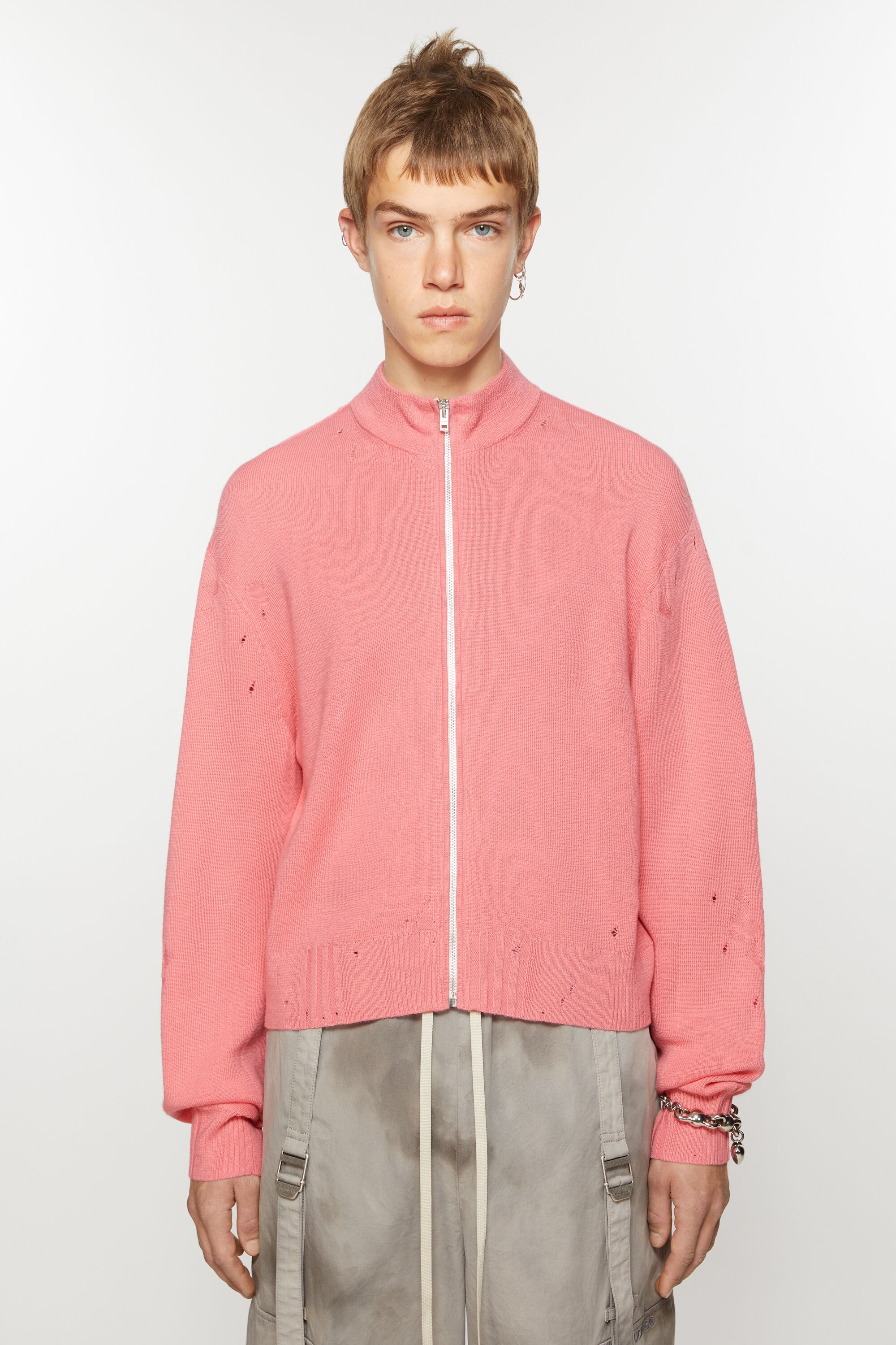 Distressed zip cardigan - Pink - 2