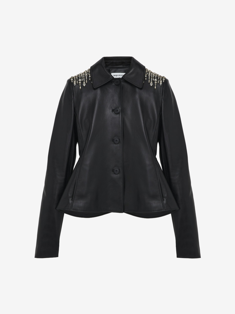 Crystal Embroidery Leather Peplum Jacket 1