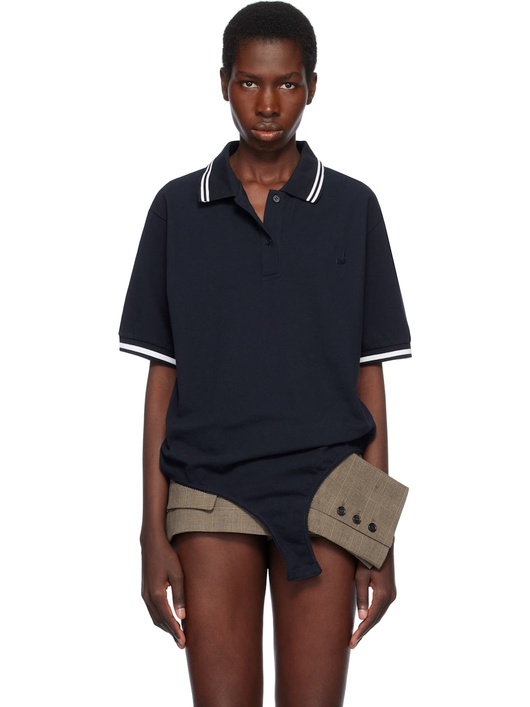 Navy Pique Shirt Bodysuit - 1