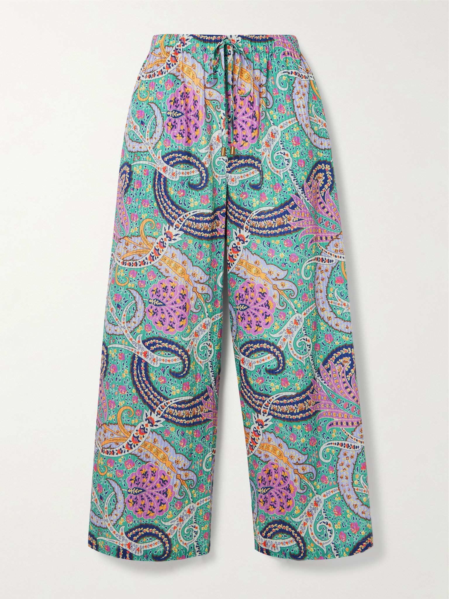 Paisley-print cotton and silk-blend voile wide-leg pants Light blue - 1