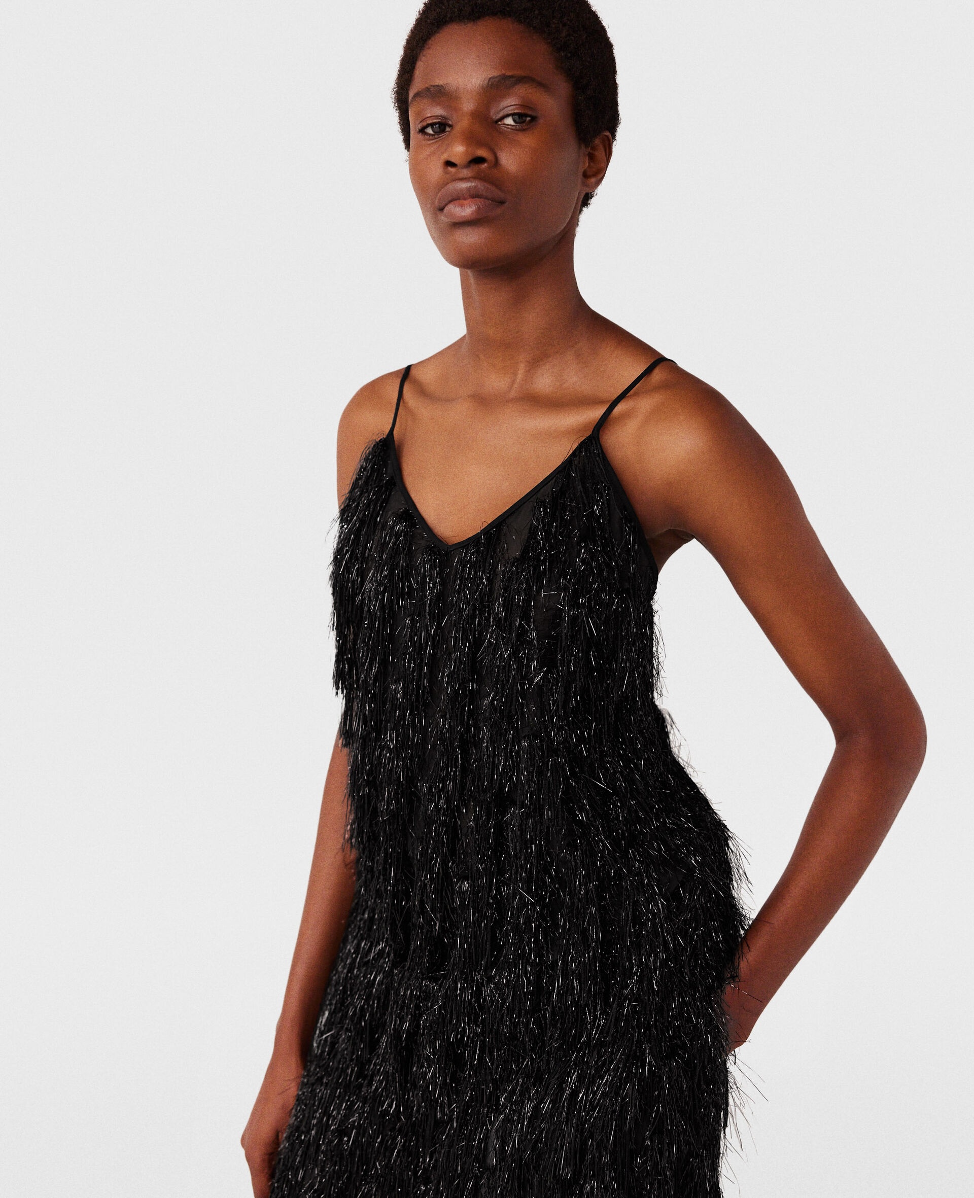 Sleeveless Glitter Tassel V-Neck Top - 4