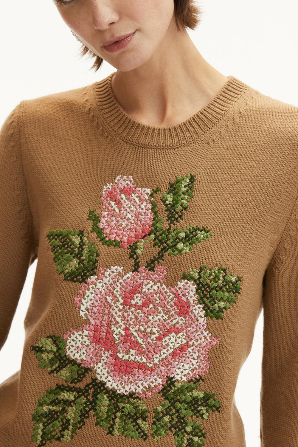 Long Sleeve Rose Embroidered Pullover - 5