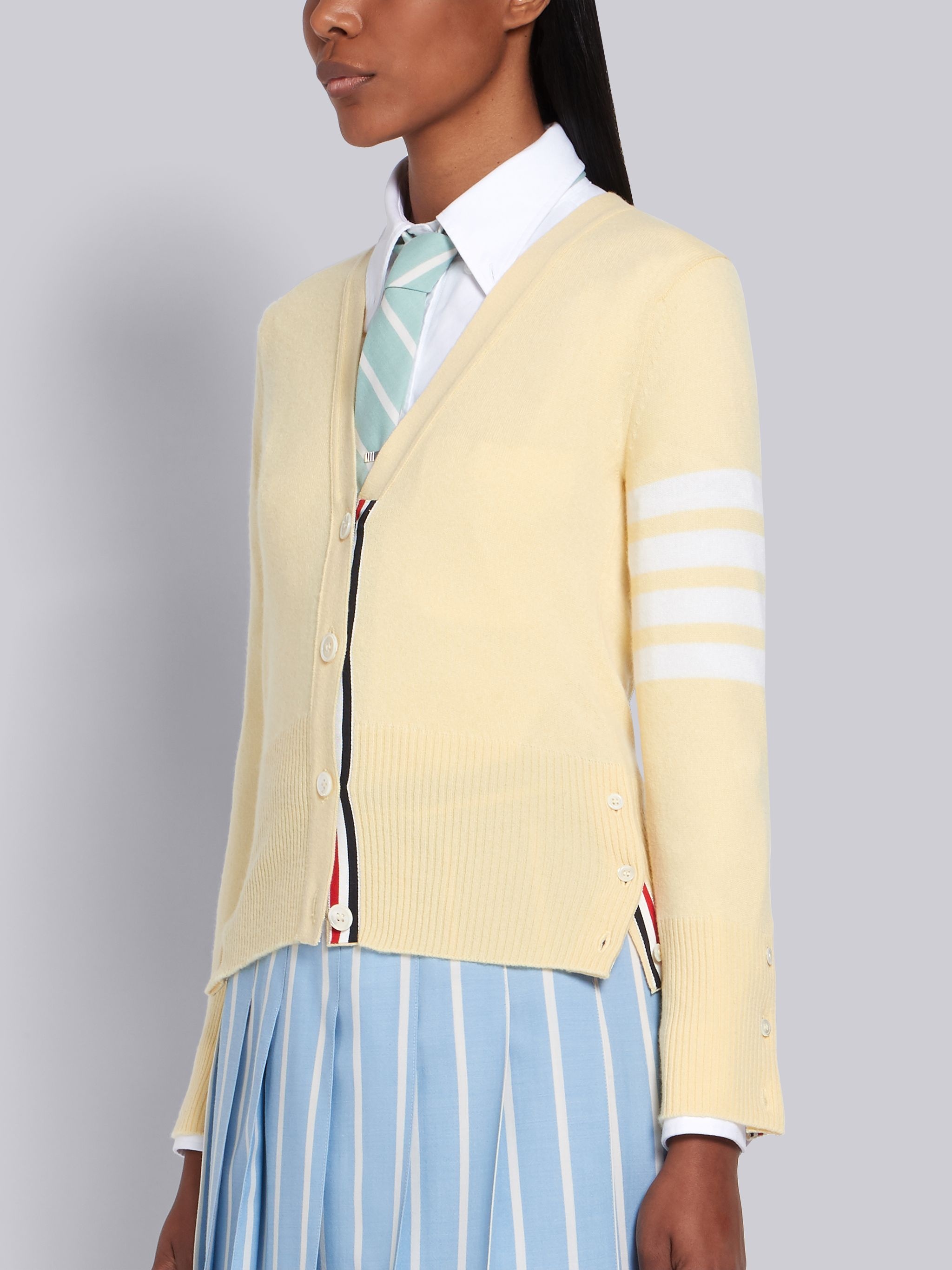 Yellow Cashmere V-Neck 4-Bar Cardigan - 2