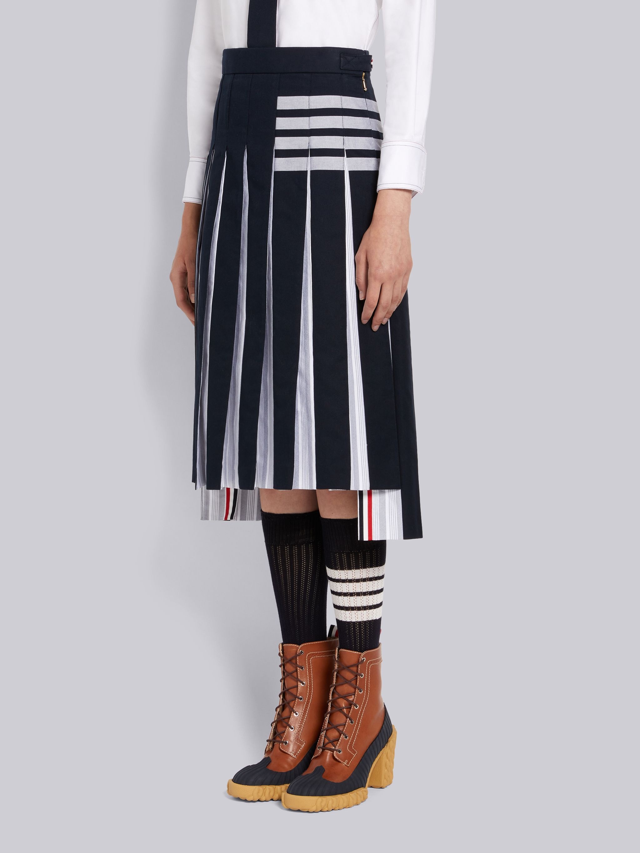 Navy Cotton Twill and Striped Oxford Engineered 4-Bar Below the Knee Dropped Back Pleated Skirt - 2