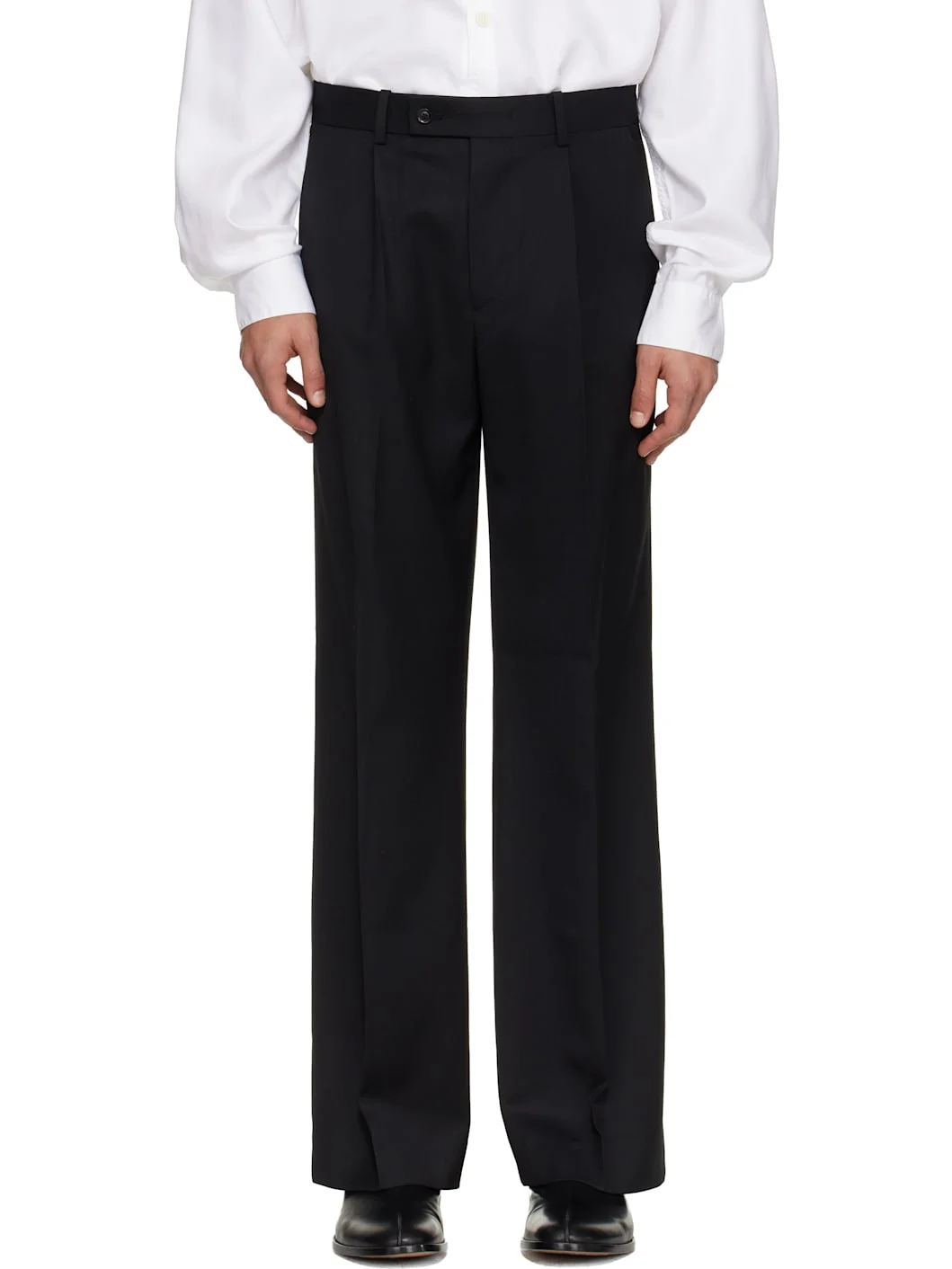 Black Wool Twill Wide-Leg Trousers - 1