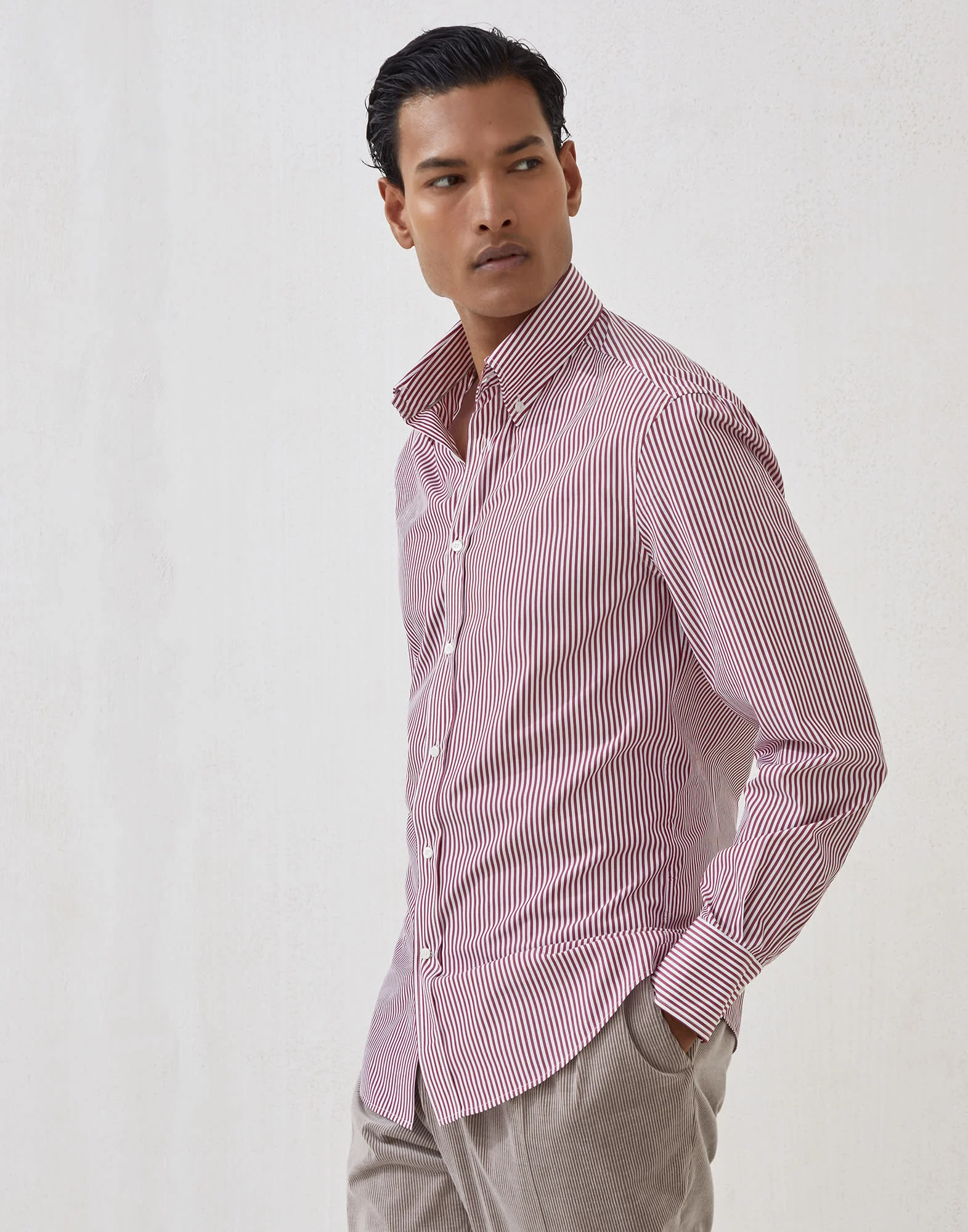 Striped poplin slim fit shirt with button-down collar - 1