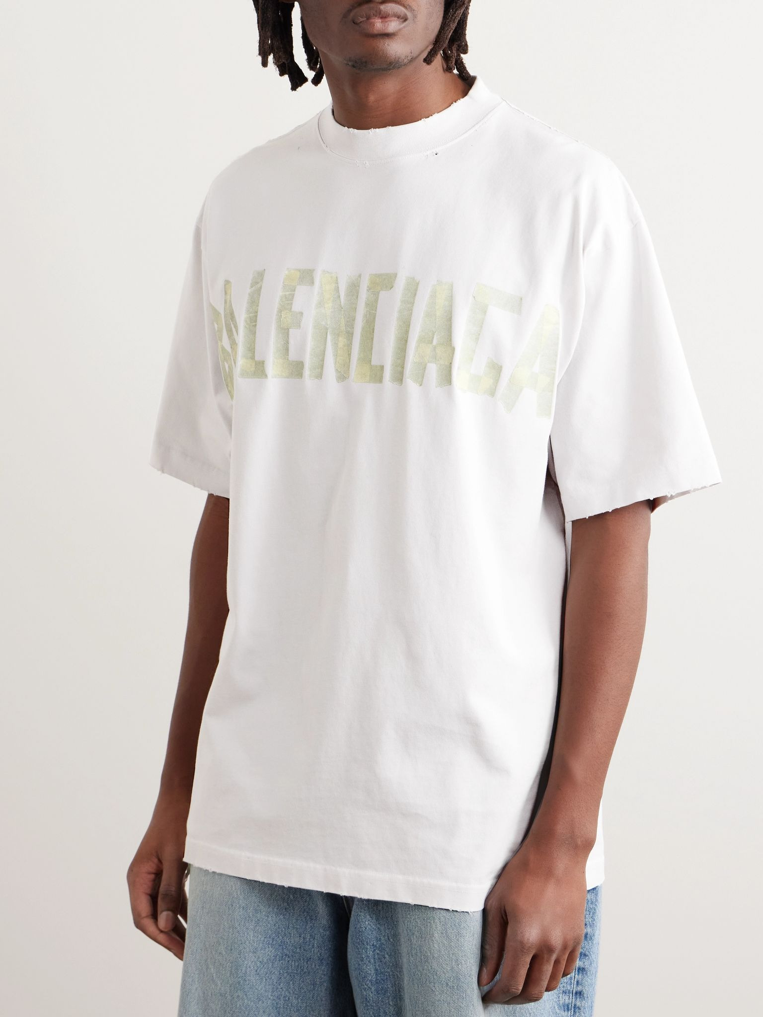 Oversized Distressed Logo-Print Cotton-Jersey T-Shirt White - 3