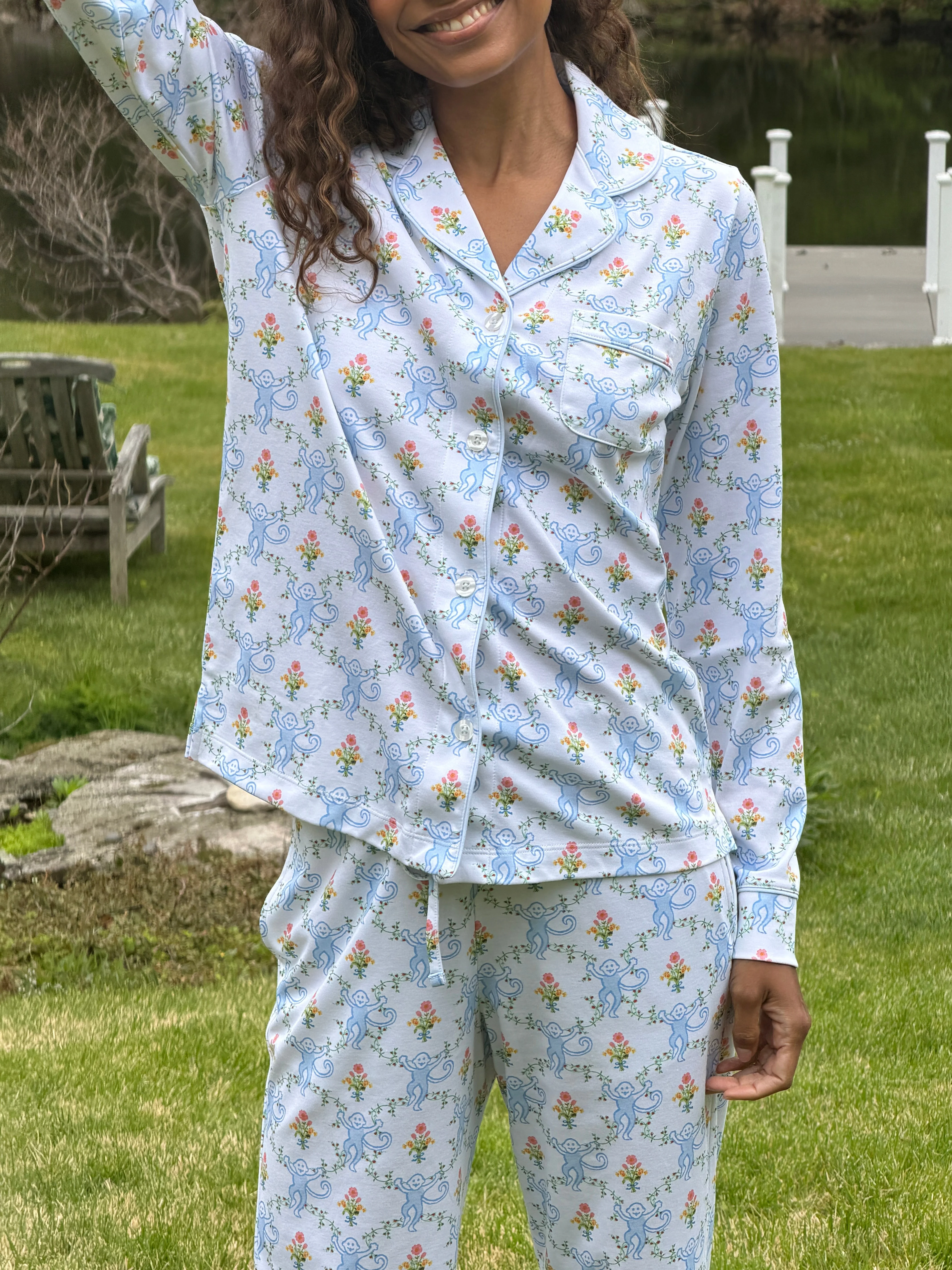 Roller Rabbit x Hill House Long Sleeve Polo Pajamas - Blue Floral Monkey Trellis - 1