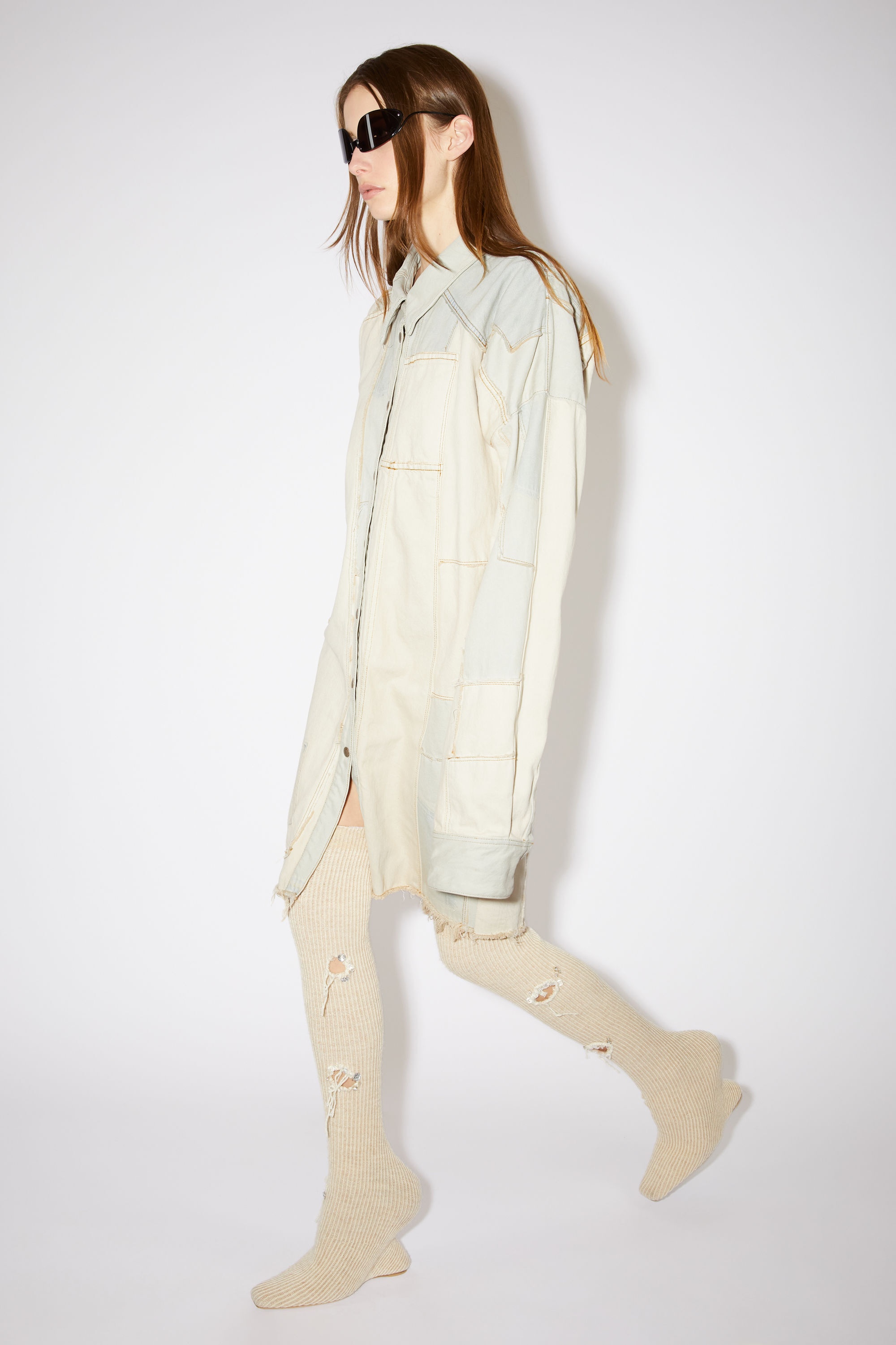 Patchwork denim overshirt dress - Light Sand - 4