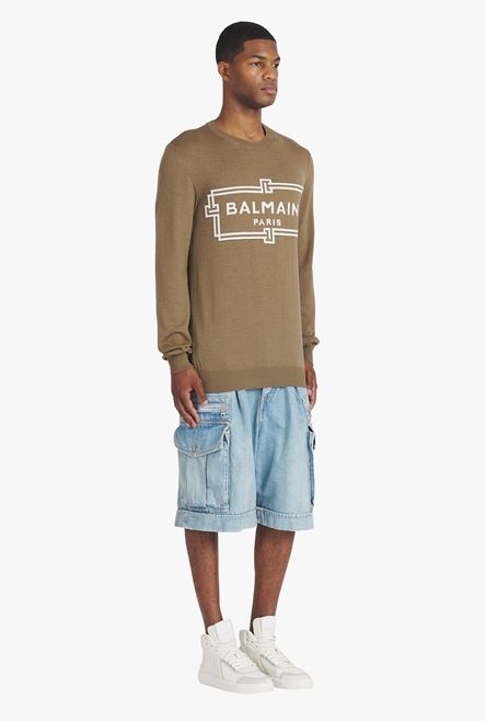 Taupe wool sweater with ecru Balmain Paris logo - 7