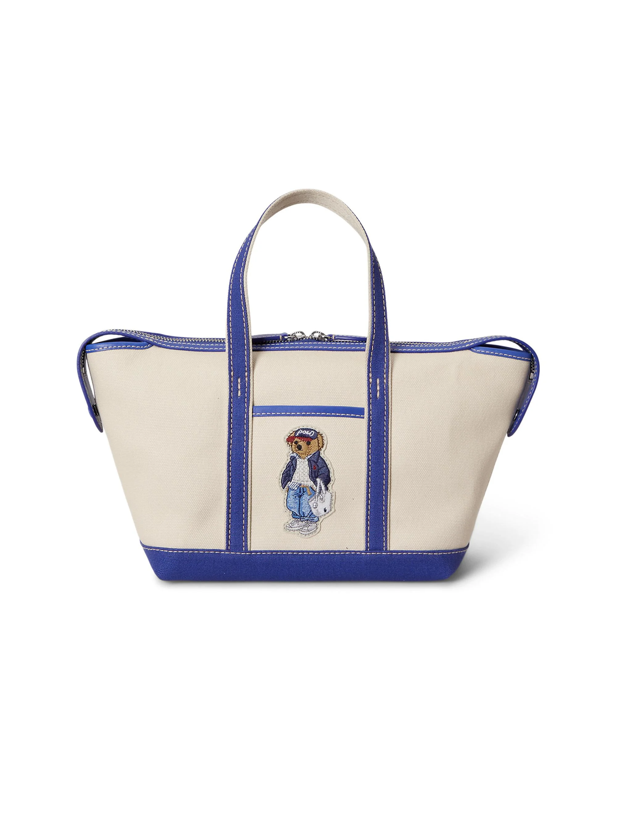 Women's Small Spring Bear Canvas Shopper Tote Bag - Ecru And Indigo Sky - 1