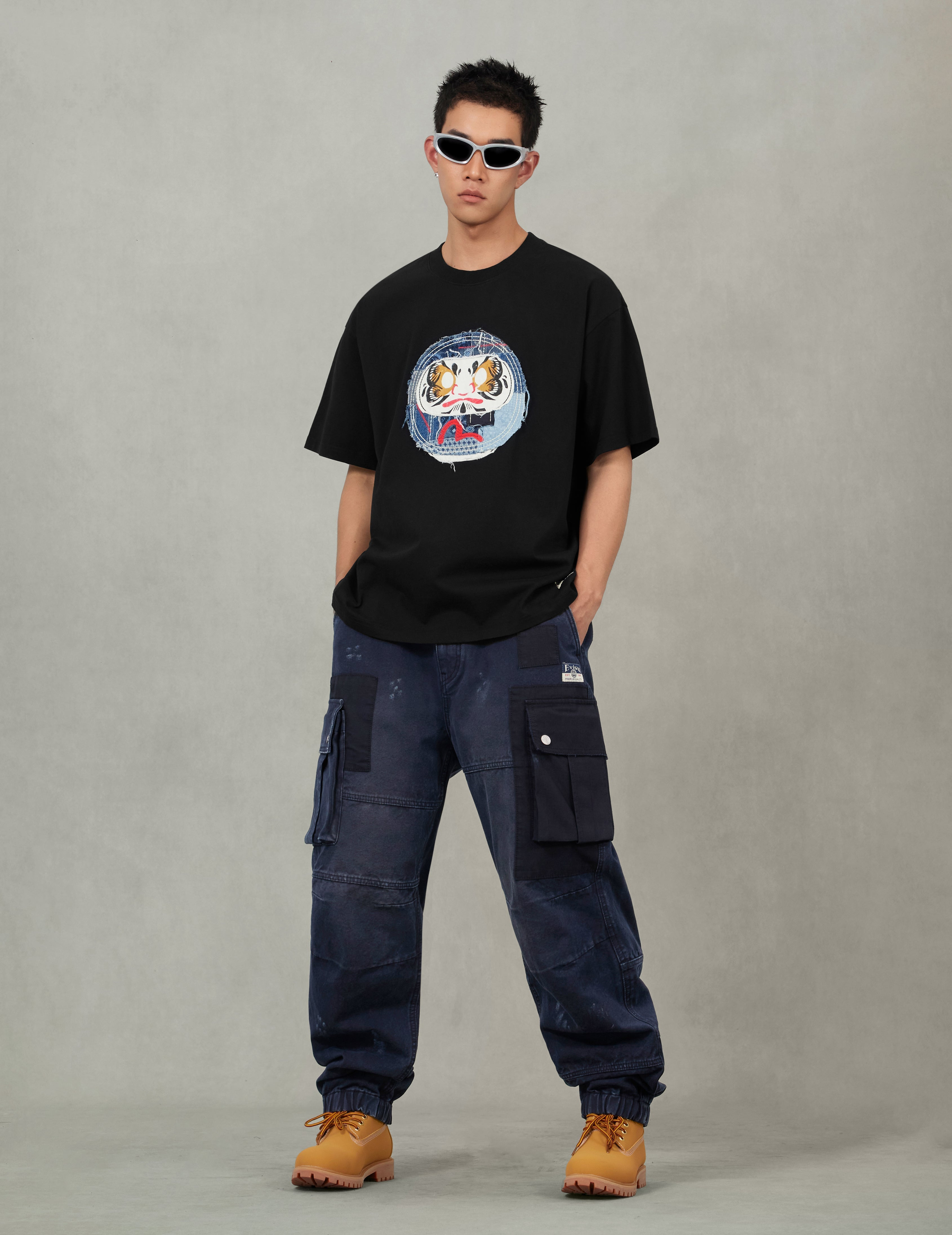 Dual Seagull Print Loose Fit Washed Woven Cargo Joggers - 5