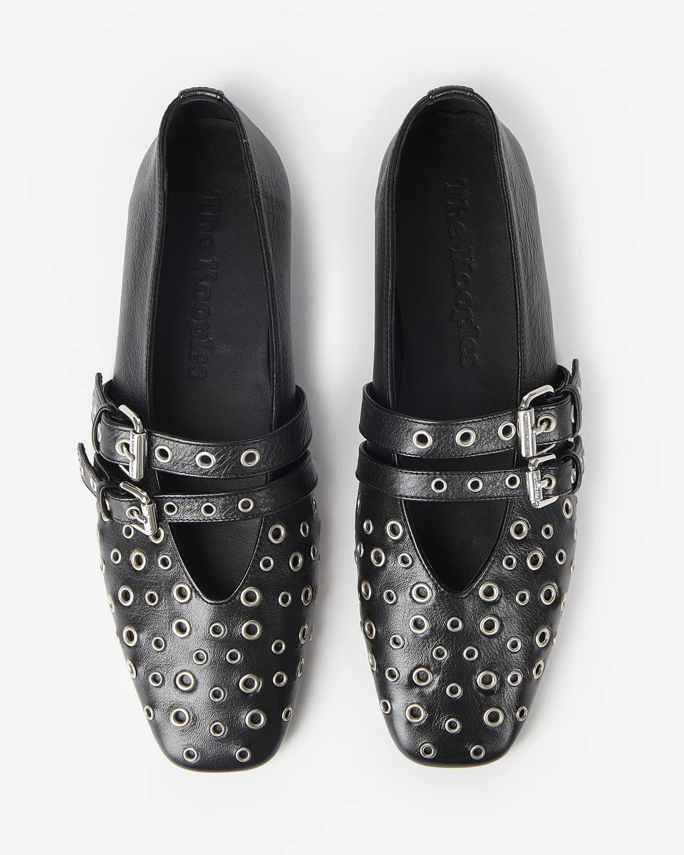 BLACK LEATHER STUDDED BALLET FLATS - 1