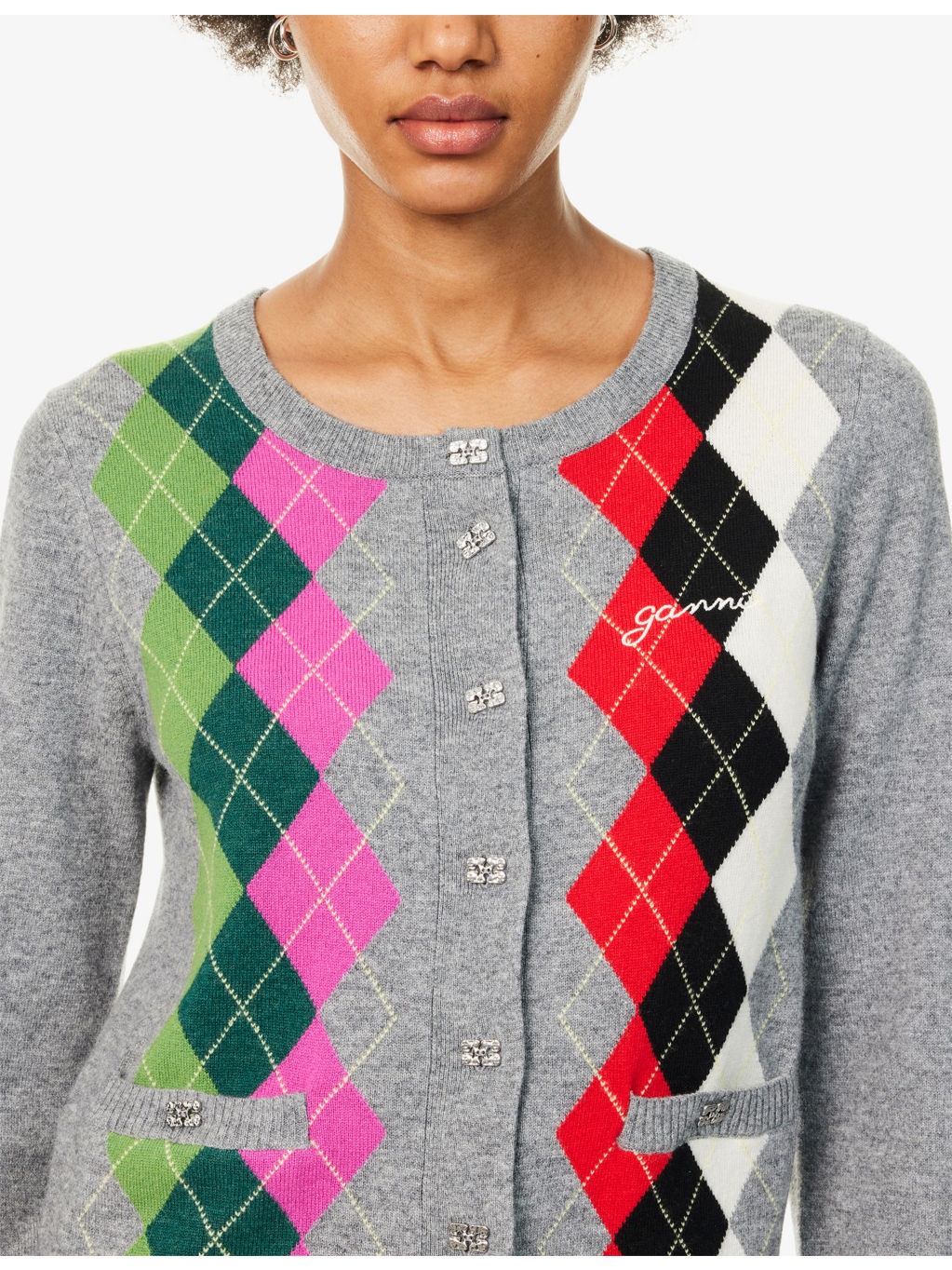Rhombus-Print Round-Neck Wool And Cashmere Cardigan - 5