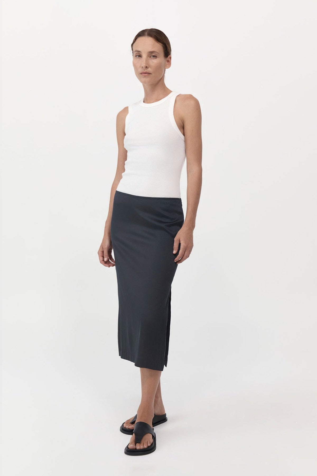 Soft Silk Midi Skirt - Washed Black - 1