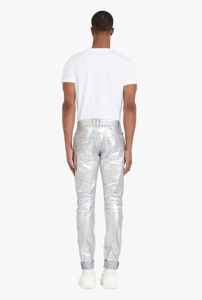 Balmain Embossed silvery cotton slim jeans with Balmain-monogrammed hem outlook
