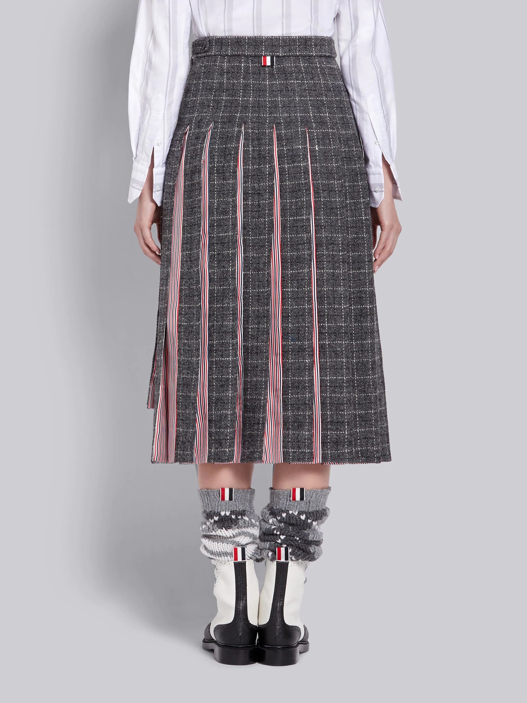 Dark Grey Wool Tattersall Check Below the Knee Pleated Skirt - 3