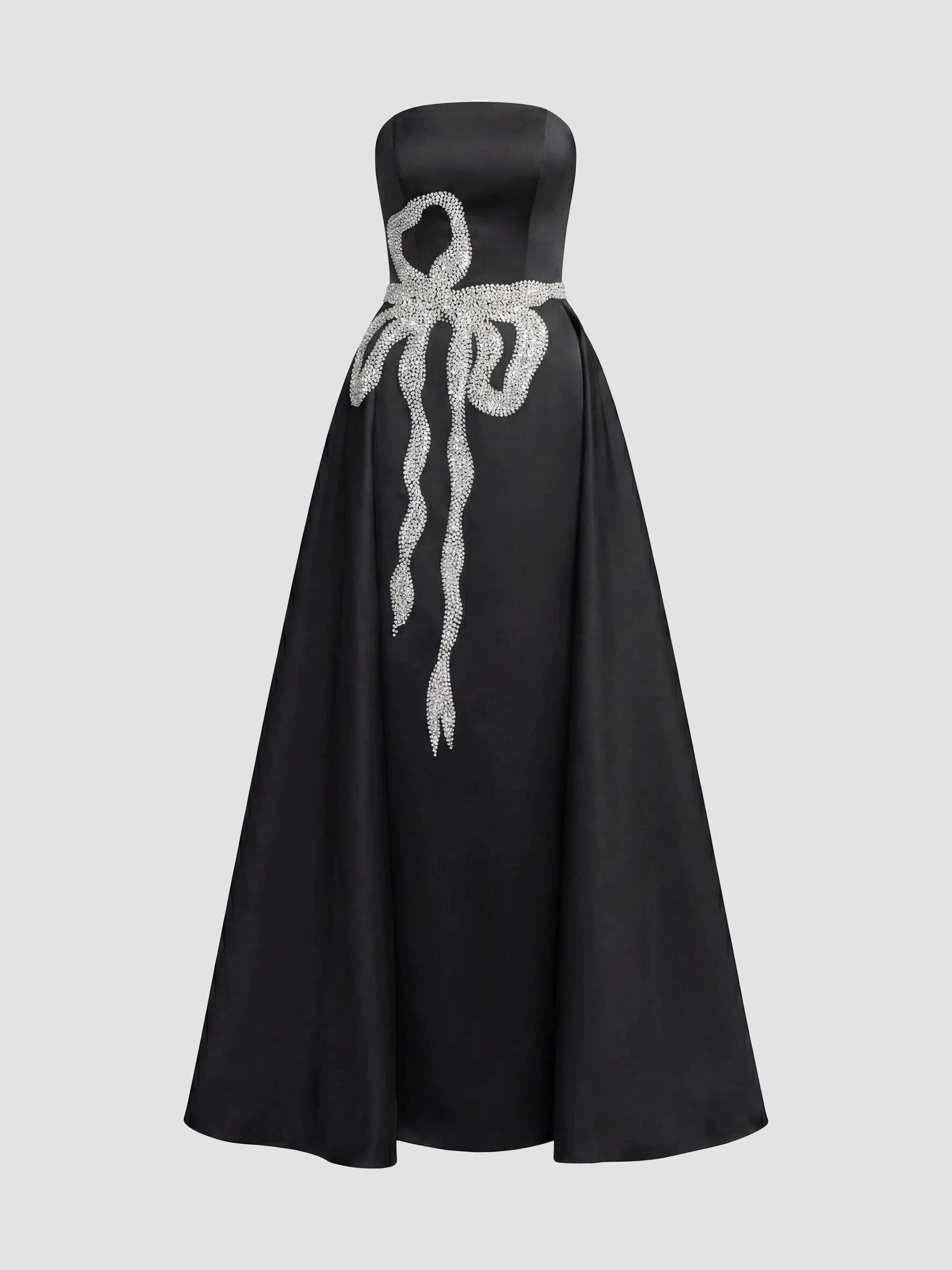 Women's Evening Strapless Satin Gown - Black White - 1