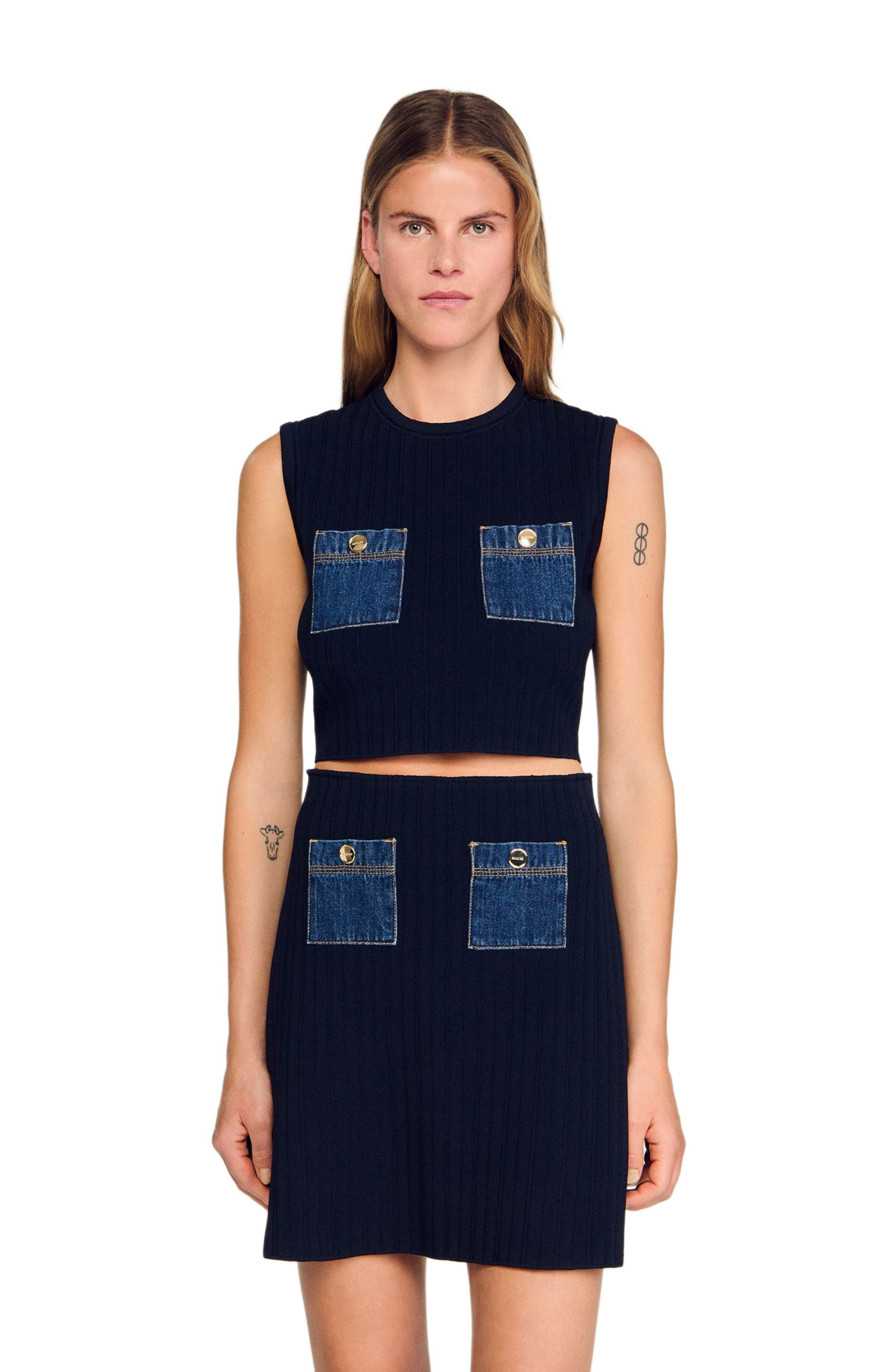 SANDRO Knit and denim top in Navy Blue at Nordstrom - 4