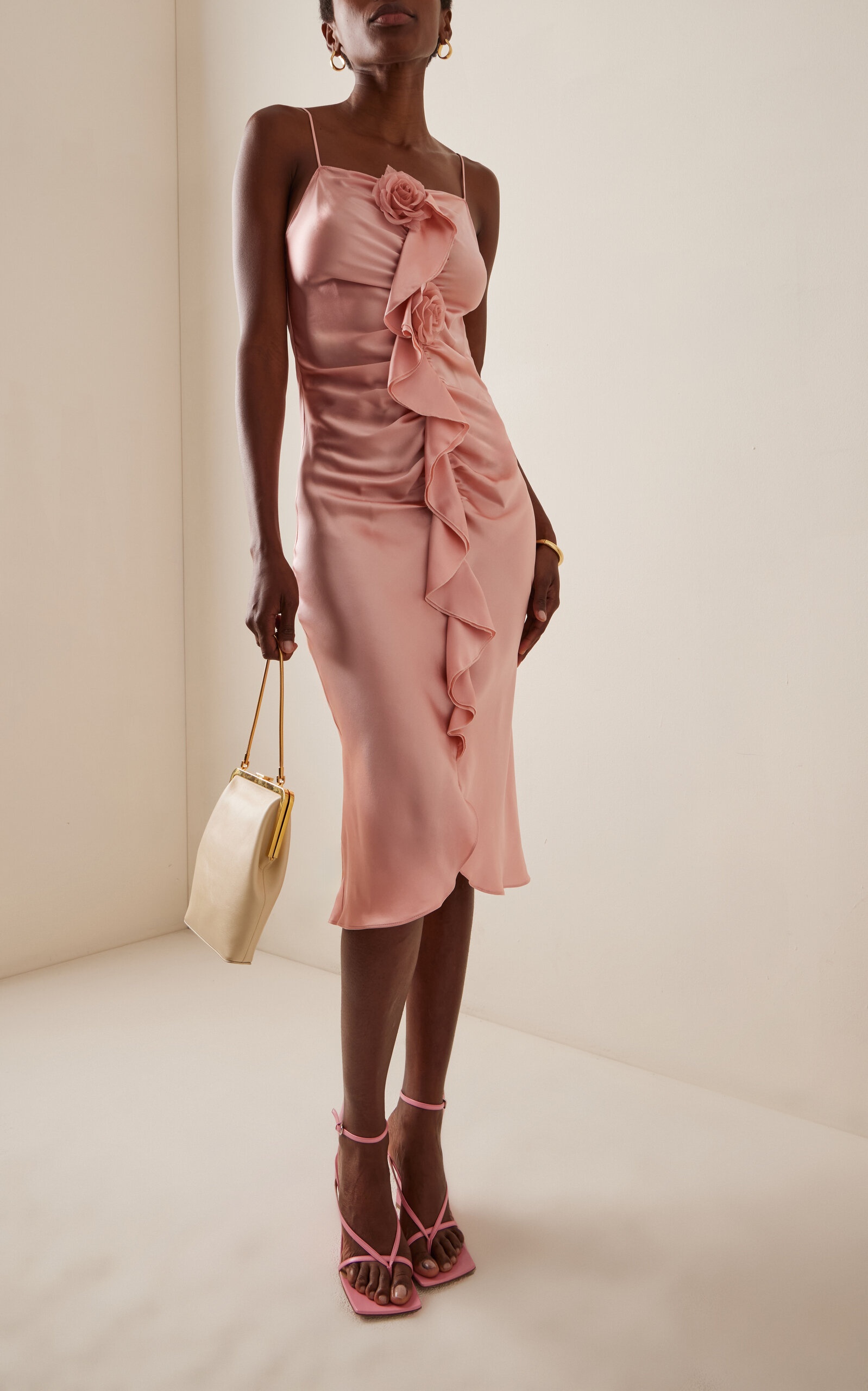 Flower-Detailed Ruched Silk-Satin Dress pink - 3