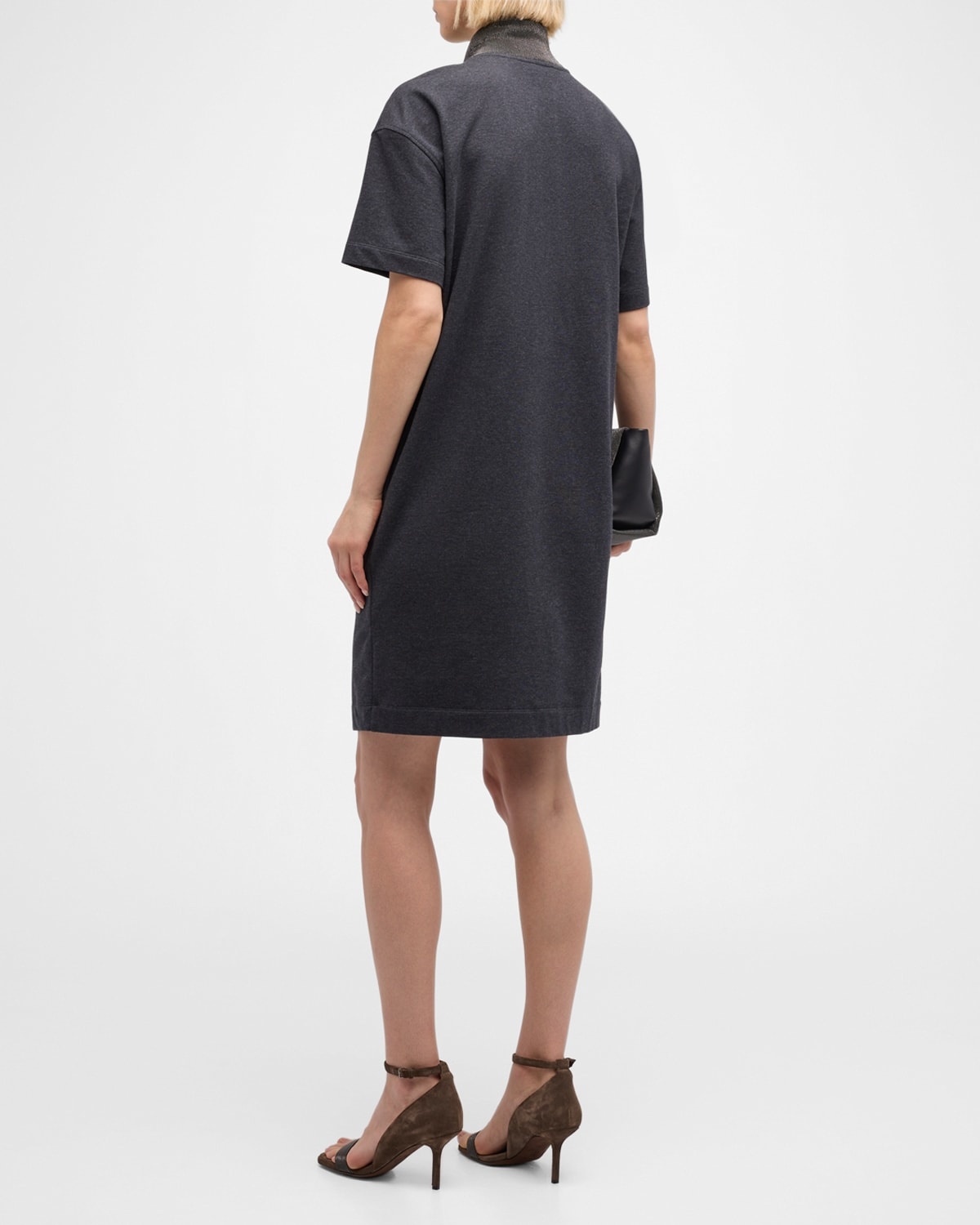 Monili-Collar Shiny Felpa Short-Sleeve T-Shirt Dress - 4
