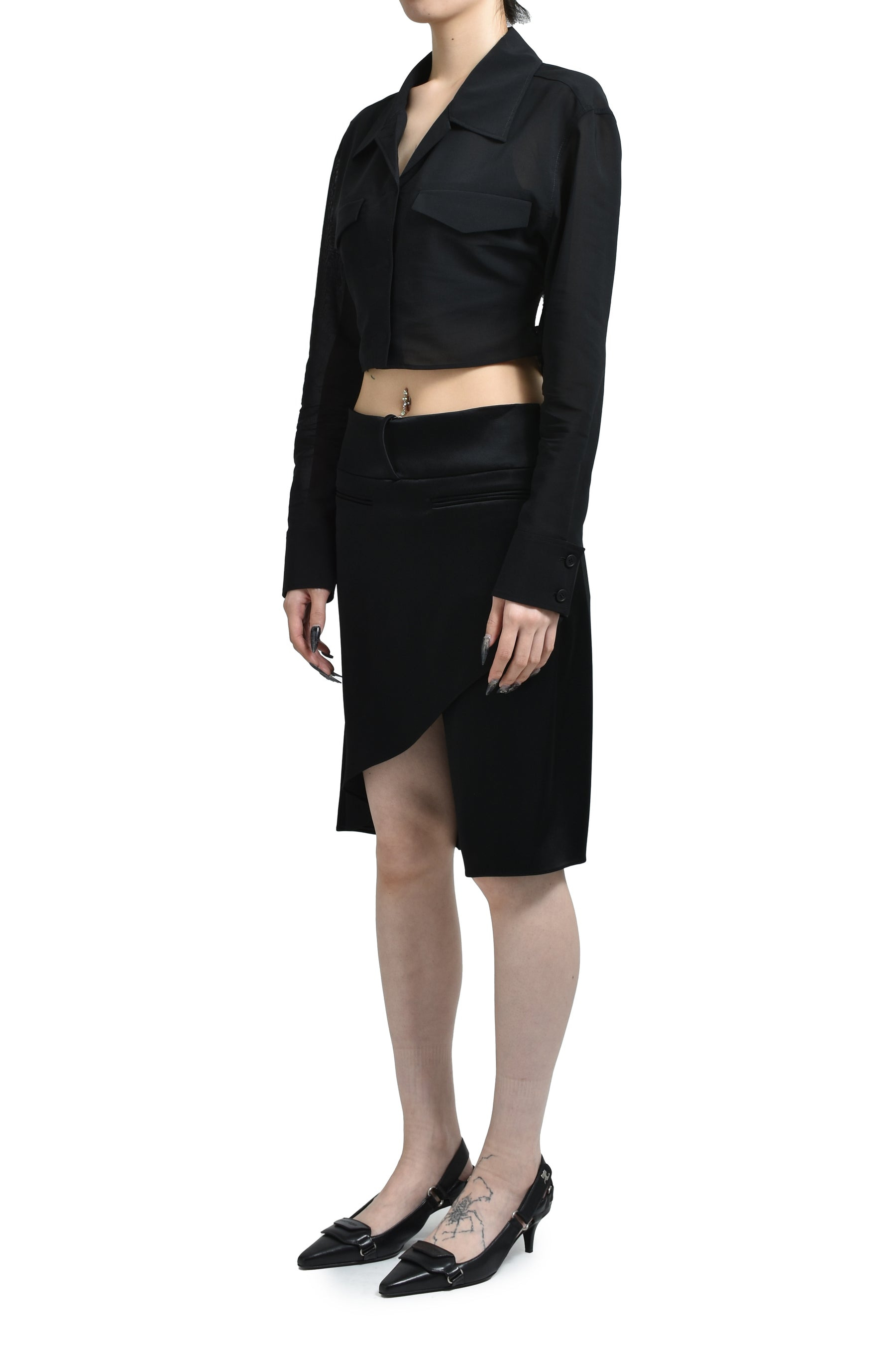 2-POCKET COTTON CROP SHIRT / BLK - 4
